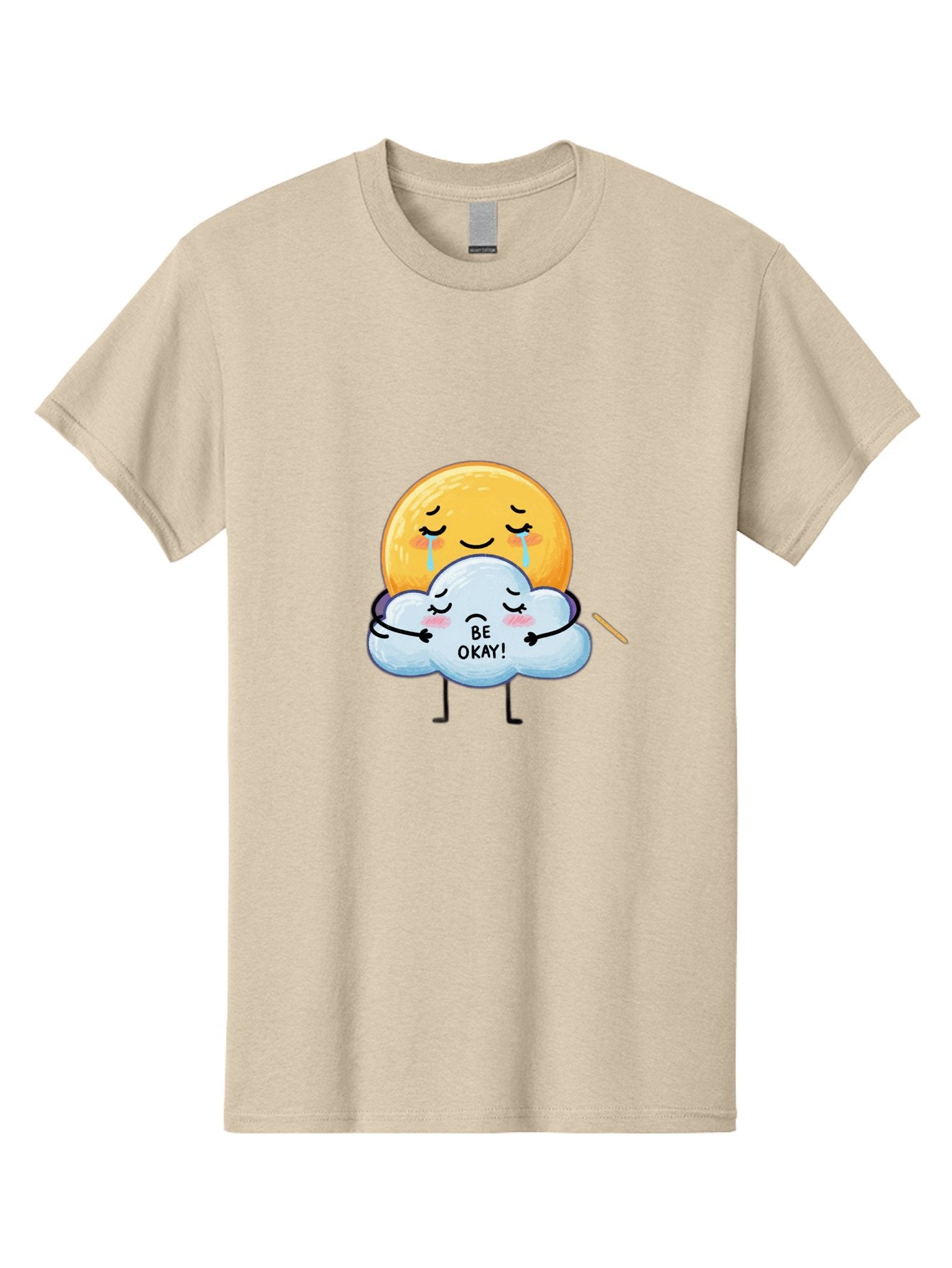 Be-Okay Men'S Graphic Tee, 100% Cotton, Comfortable Casual Summer Wear, Machine Washable, Crying Sun, Cloud Hugging Sun, Emotional Support, Comforting Words, Positive Affirmation, Mental Health Awareness, Cute Cartoon Characters, Bae002