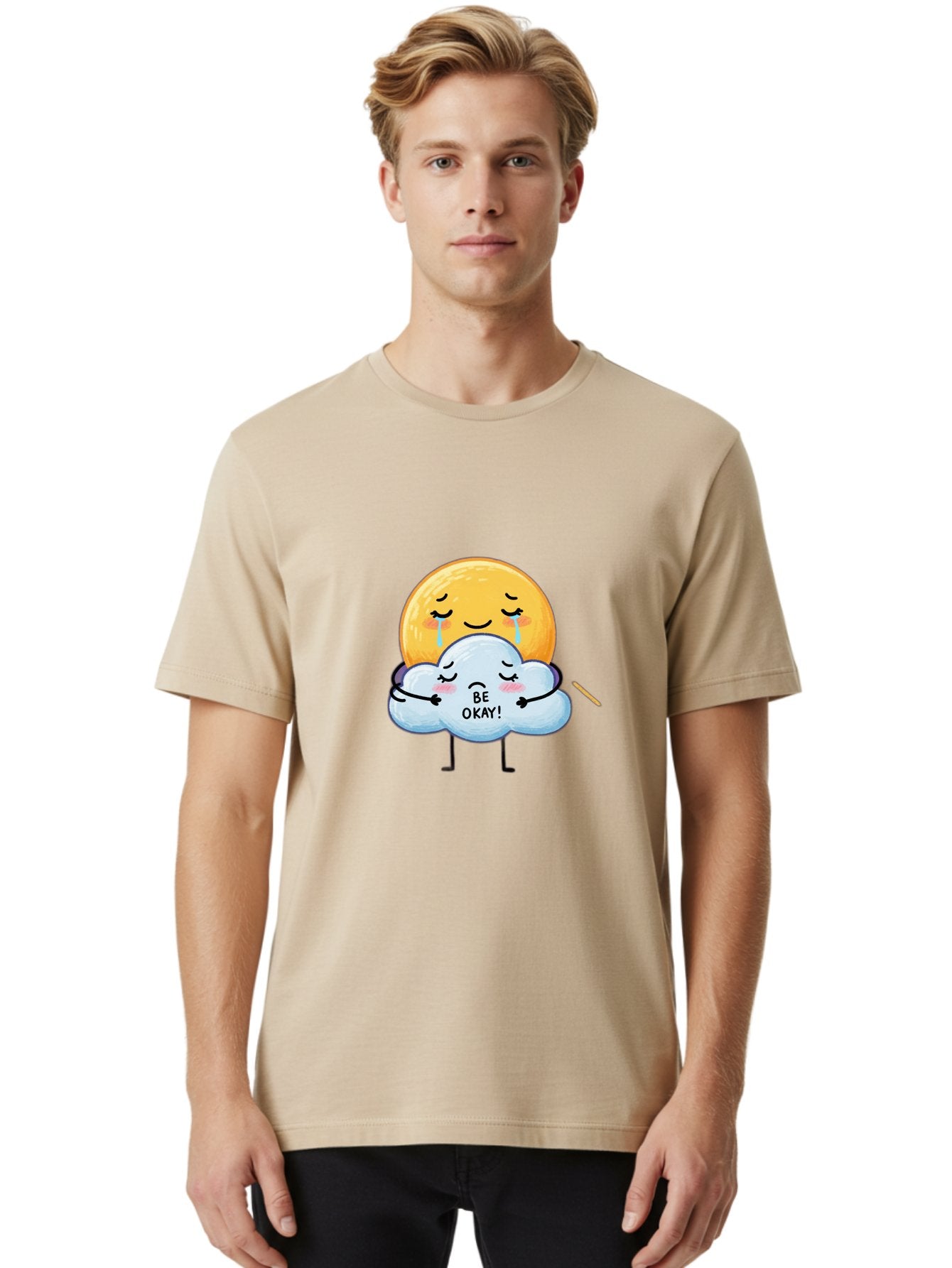 Be-Okay Men'S Graphic Tee, 100% Cotton, Comfortable Casual Summer Wear, Machine Washable, Crying Sun, Cloud Hugging Sun, Emotional Support, Comforting Words, Positive Affirmation, Mental Health Awareness, Cute Cartoon Characters, Bae002 19