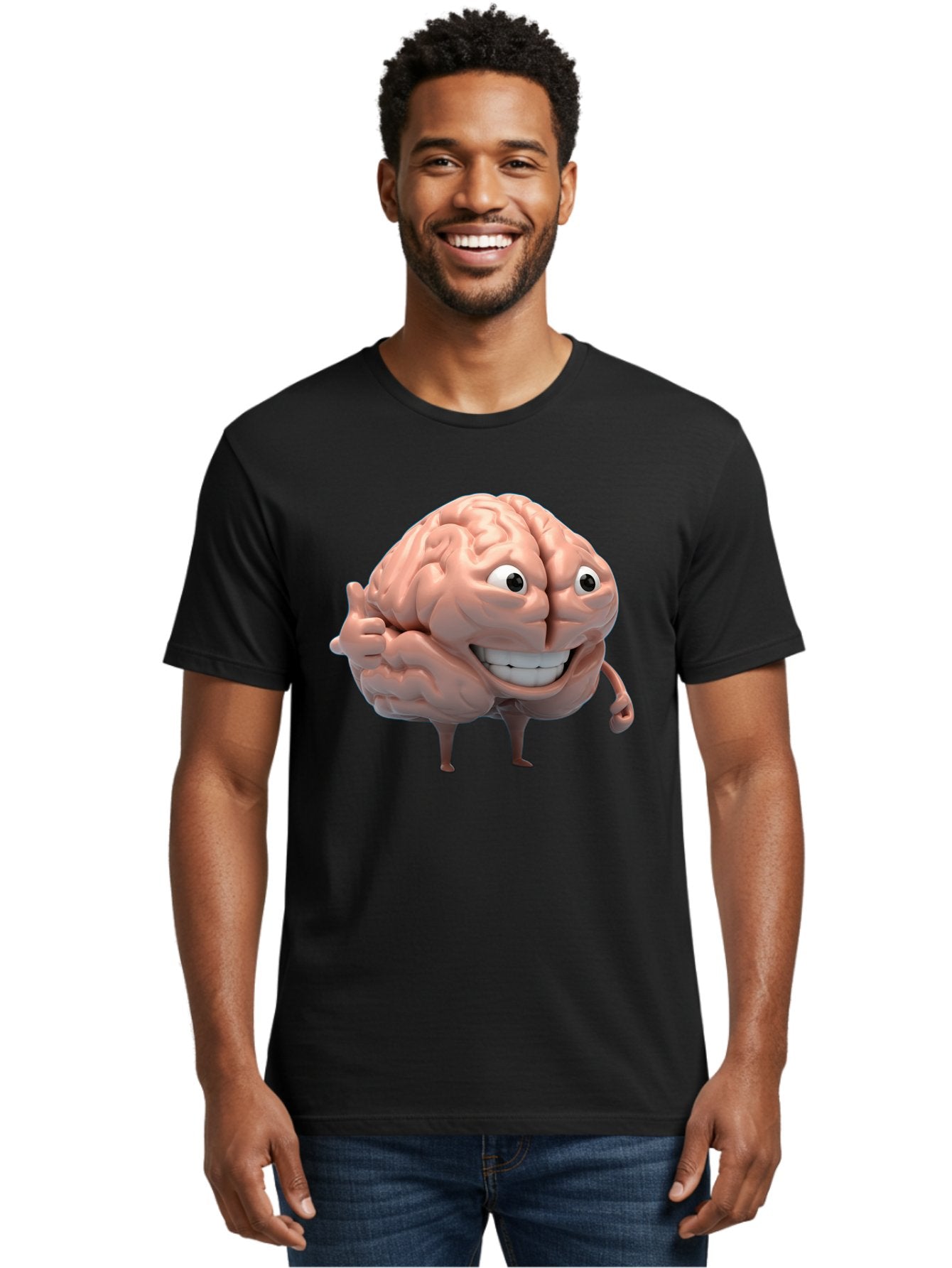 Brain-Character Men'S Graphic Tee, 100% Cotton, Comfortable Casual Summer Wear, Machine Washable, Human Brain, Cartoon Character, Thumbs Up, Smiling Face, Cognitive Function, Intelligence, Learning, Mental Power, Brain Power Bae003 20