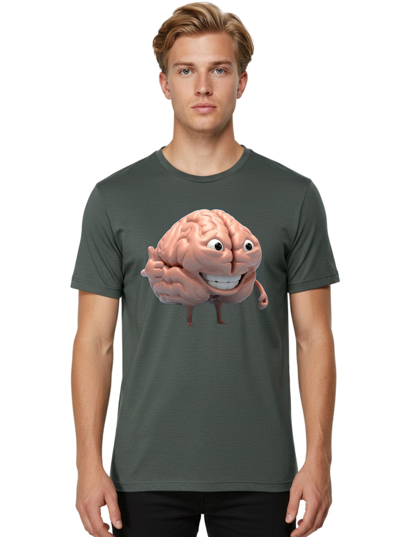 Brain-Character Men'S Graphic Tee, 100% Cotton, Comfortable Casual Summer Wear, Machine Washable, Human Brain, Cartoon Character, Thumbs Up, Smiling Face, Cognitive Function, Intelligence, Learning, Mental Power, Brain Power Bae003