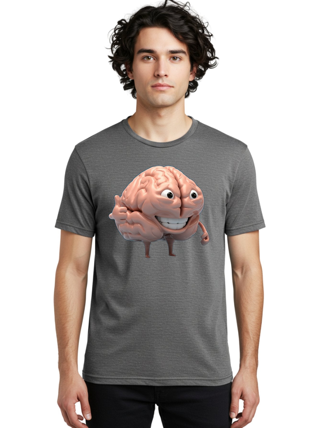 Brain-Character Men'S Graphic Tee, 100% Cotton, Comfortable Casual Summer Wear, Machine Washable, Human Brain, Cartoon Character, Thumbs Up, Smiling Face, Cognitive Function, Intelligence, Learning, Mental Power, Brain Power Bae003 24