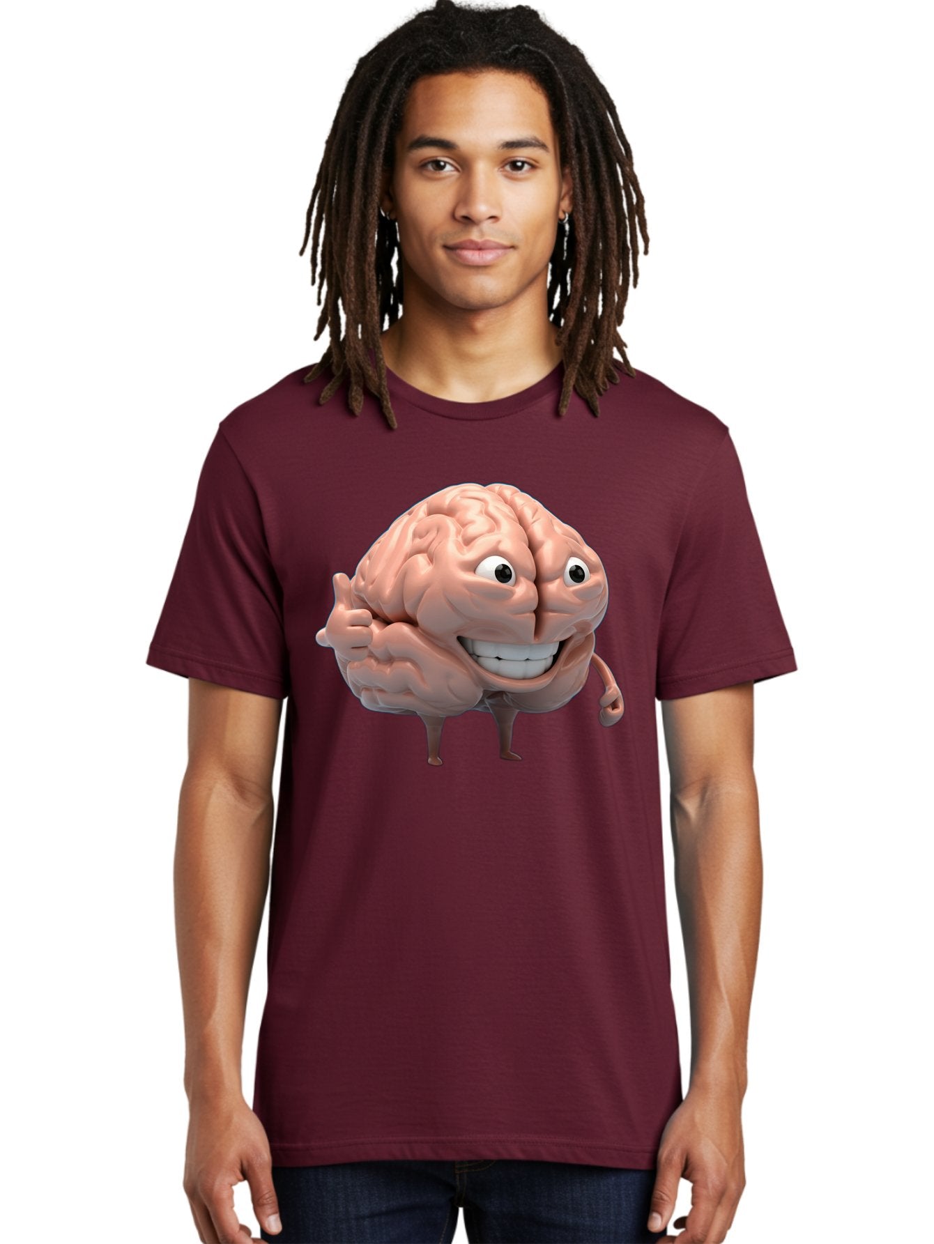 Brain-Character Men'S Graphic Tee, 100% Cotton, Comfortable Casual Summer Wear, Machine Washable, Human Brain, Cartoon Character, Thumbs Up, Smiling Face, Cognitive Function, Intelligence, Learning, Mental Power, Brain Power Bae003 4
