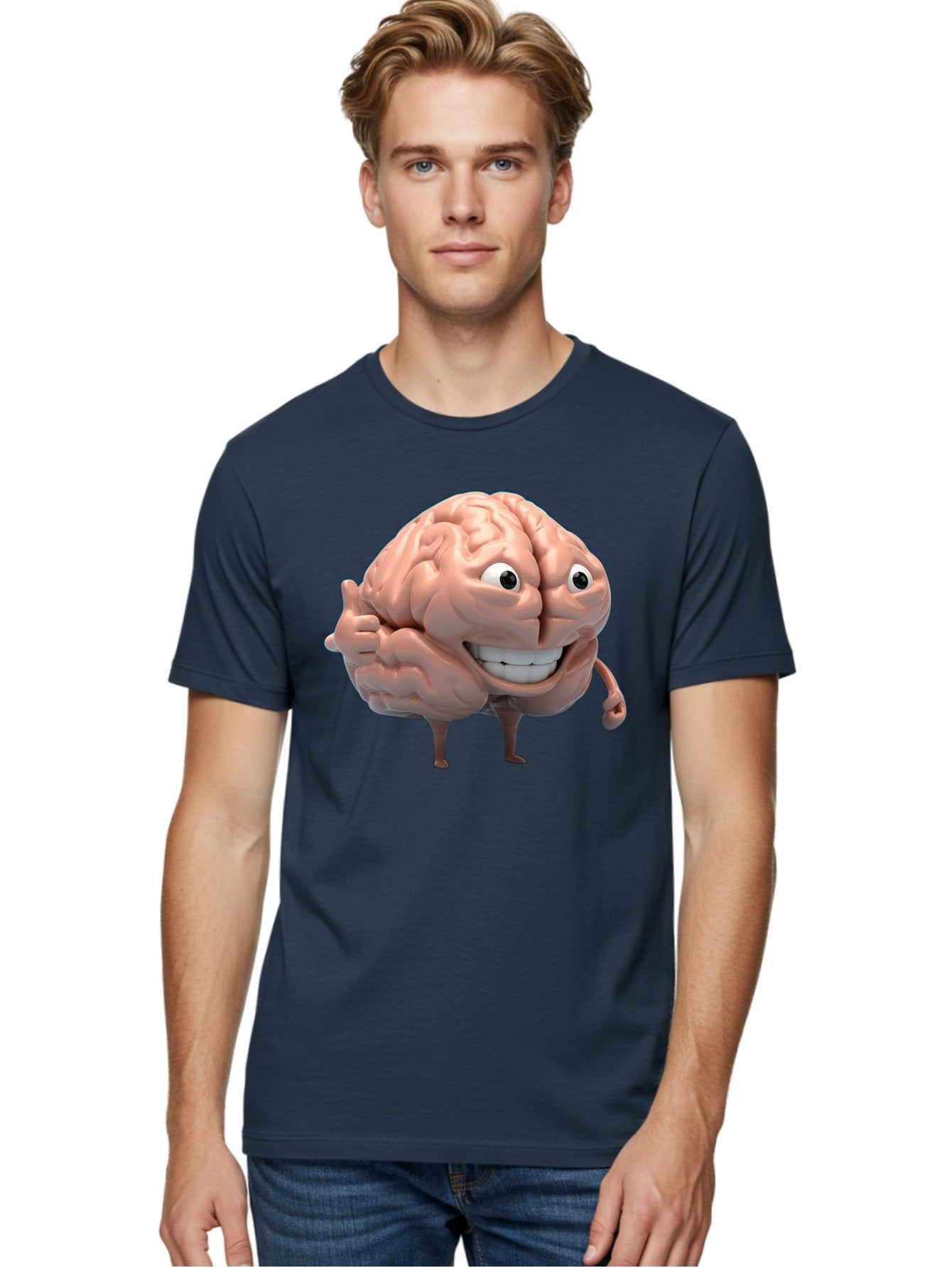 Brain-Character Men'S Graphic Tee, 100% Cotton, Comfortable Casual Summer Wear, Machine Washable, Human Brain, Cartoon Character, Thumbs Up, Smiling Face, Cognitive Function, Intelligence, Learning, Mental Power, Brain Power Bae003 10