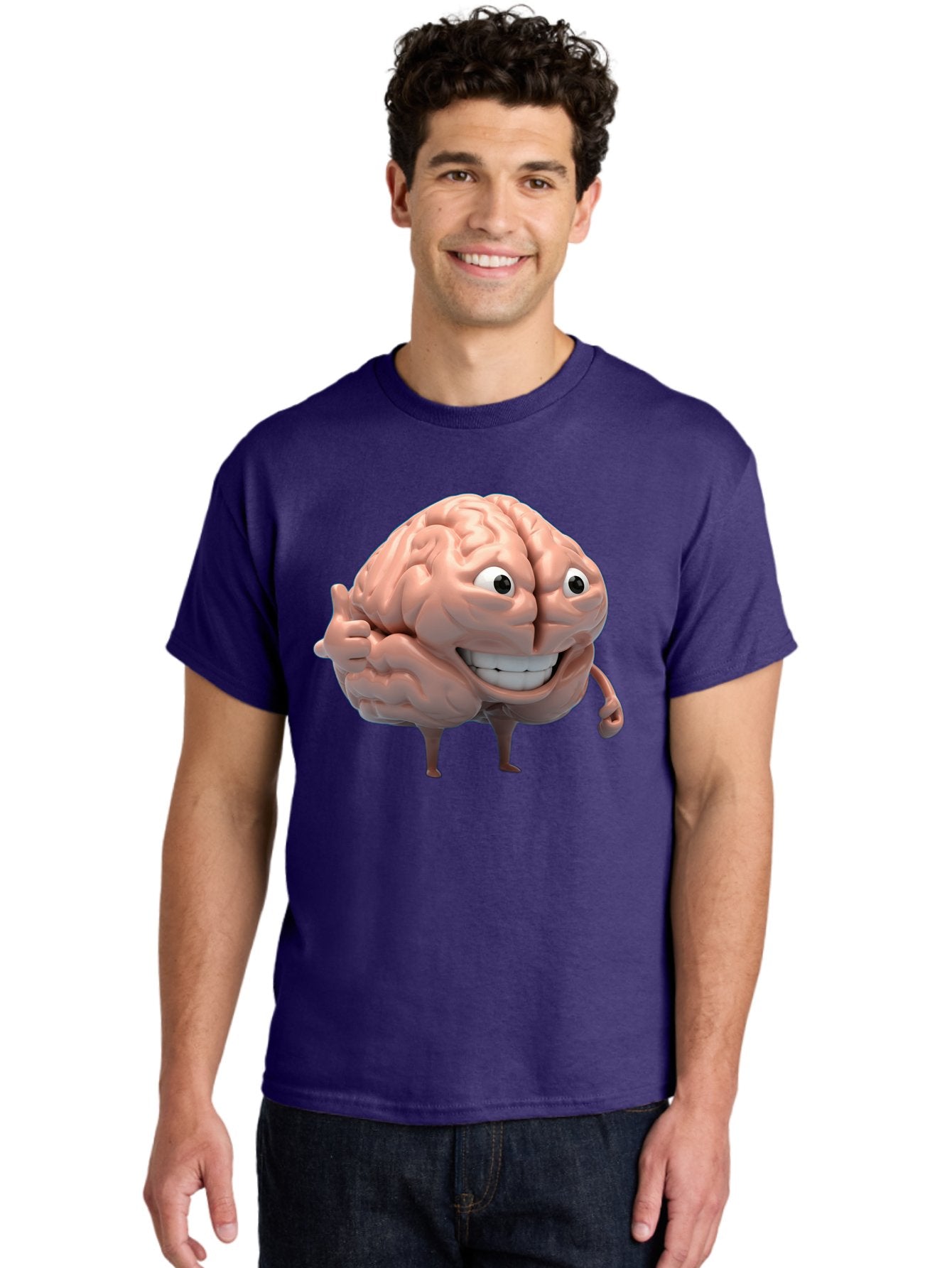 Brain-Character Men'S Graphic Tee, 100% Cotton, Comfortable Casual Summer Wear, Machine Washable, Human Brain, Cartoon Character, Thumbs Up, Smiling Face, Cognitive Function, Intelligence, Learning, Mental Power, Brain Power Bae003 16