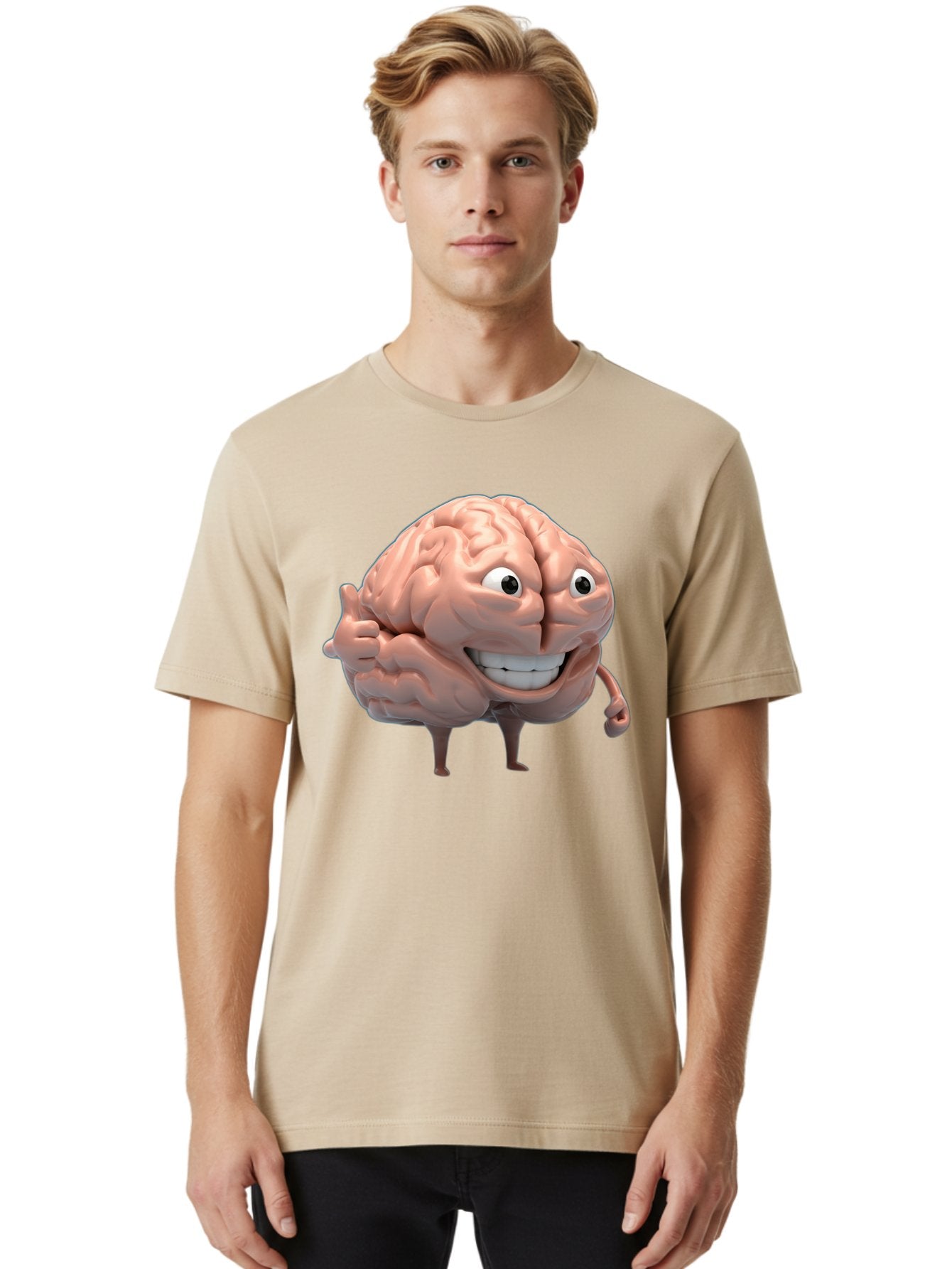 Brain-Character Men'S Graphic Tee, 100% Cotton, Comfortable Casual Summer Wear, Machine Washable, Human Brain, Cartoon Character, Thumbs Up, Smiling Face, Cognitive Function, Intelligence, Learning, Mental Power, Brain Power Bae003 14