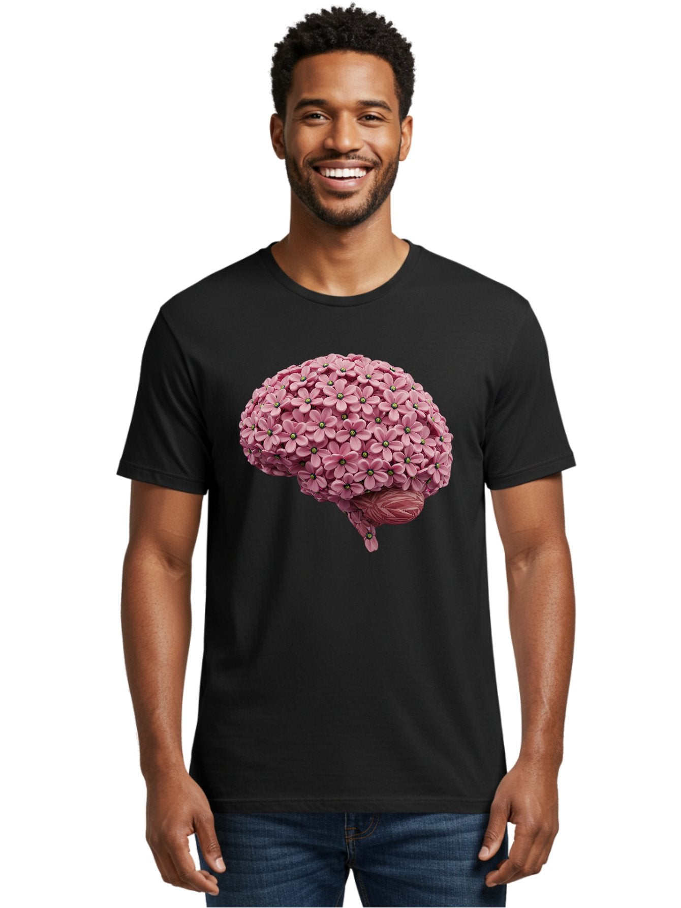 Brain-Made-Of-Flowers Men'S Graphic Tee, 100% Cotton, Comfortable Casual Summer Wear, Machine Washable, Brain Made Of Flowers, Floral Brain, Pink Flowers, Creative Thinking, Artistic Expression, Mental Health Awareness, Brain Illustration, Bae004 21