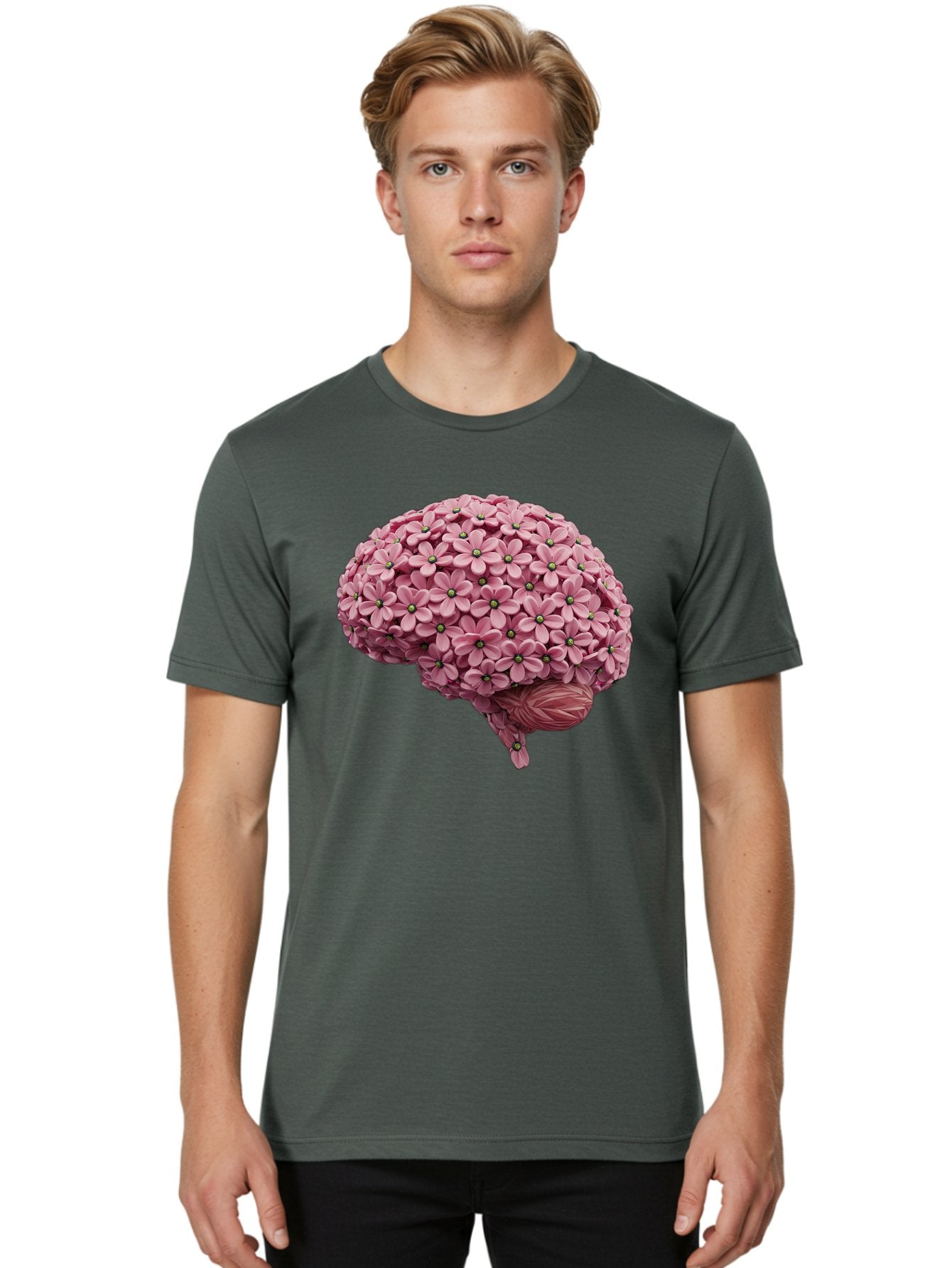 Brain-Made-Of-Flowers Men'S Graphic Tee, 100% Cotton, Comfortable Casual Summer Wear, Machine Washable, Brain Made Of Flowers, Floral Brain, Pink Flowers, Creative Thinking, Artistic Expression, Mental Health Awareness, Brain Illustration, Bae004 30