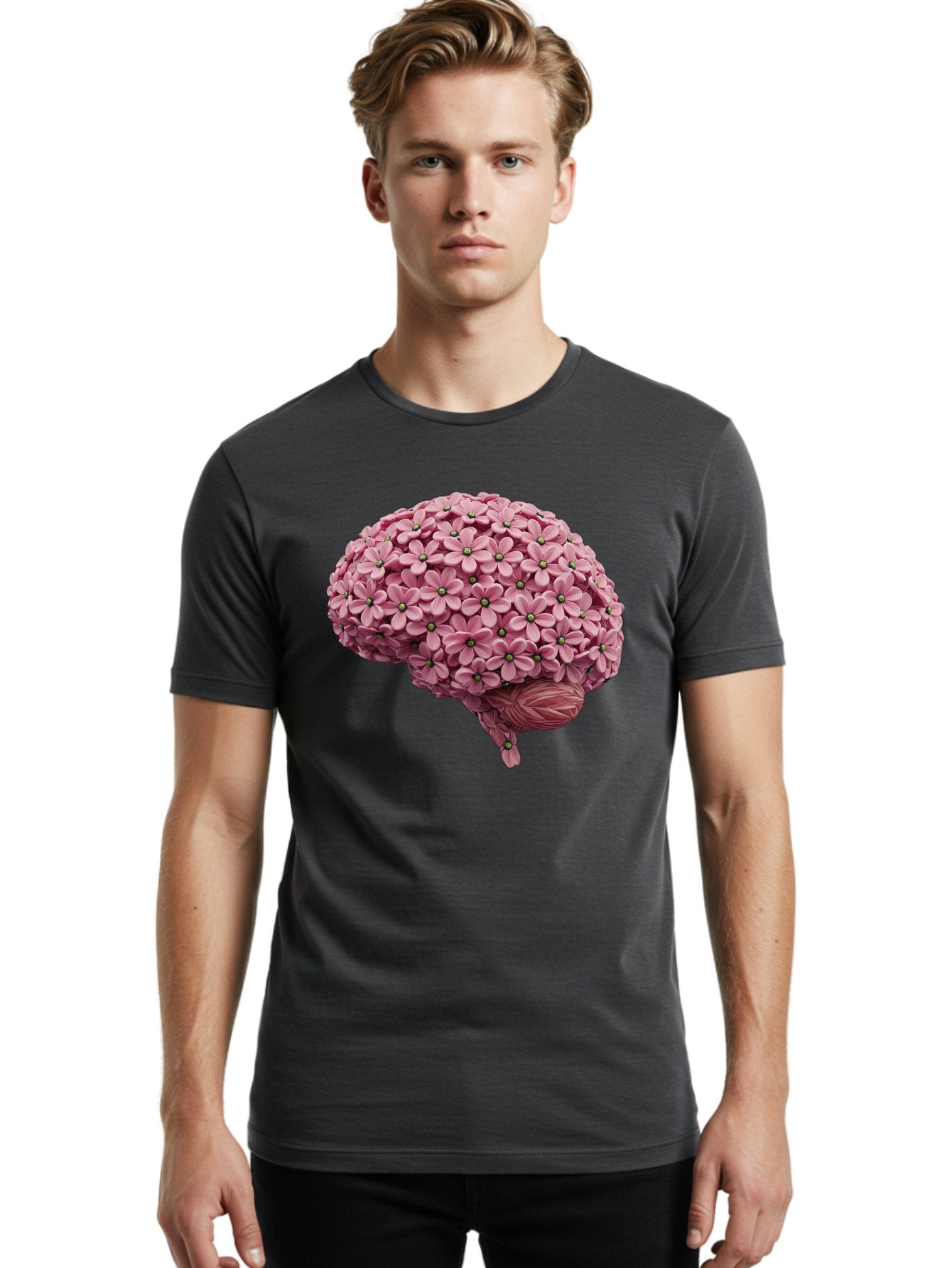 Brain-Made-Of-Flowers Men'S Graphic Tee, 100% Cotton, Comfortable Casual Summer Wear, Machine Washable, Brain Made Of Flowers, Floral Brain, Pink Flowers, Creative Thinking, Artistic Expression, Mental Health Awareness, Brain Illustration, Bae004 18