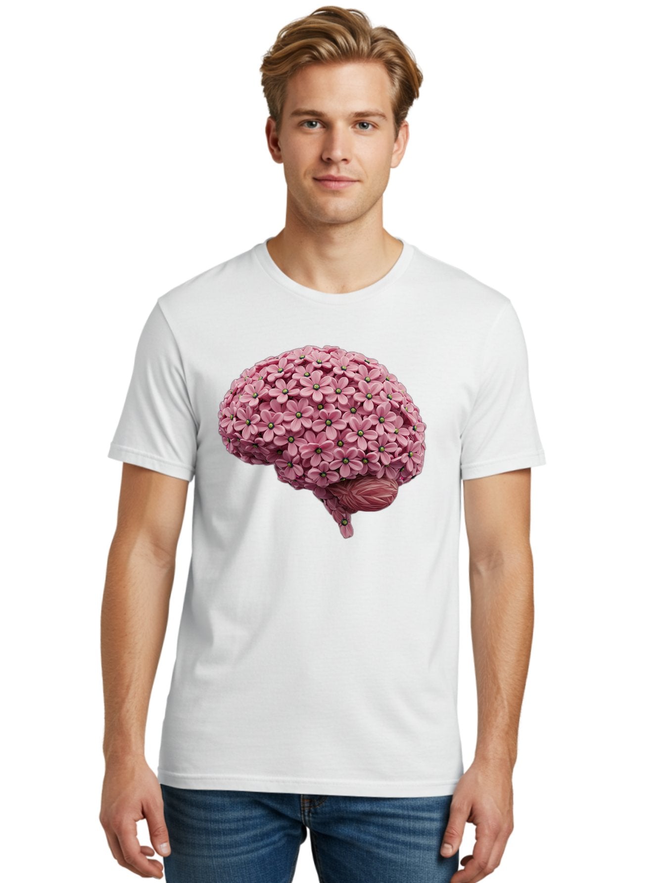 Brain-Made-Of-Flowers Men'S Graphic Tee, 100% Cotton, Comfortable Casual Summer Wear, Machine Washable, Brain Made Of Flowers, Floral Brain, Pink Flowers, Creative Thinking, Artistic Expression, Mental Health Awareness, Brain Illustration, Bae004 16