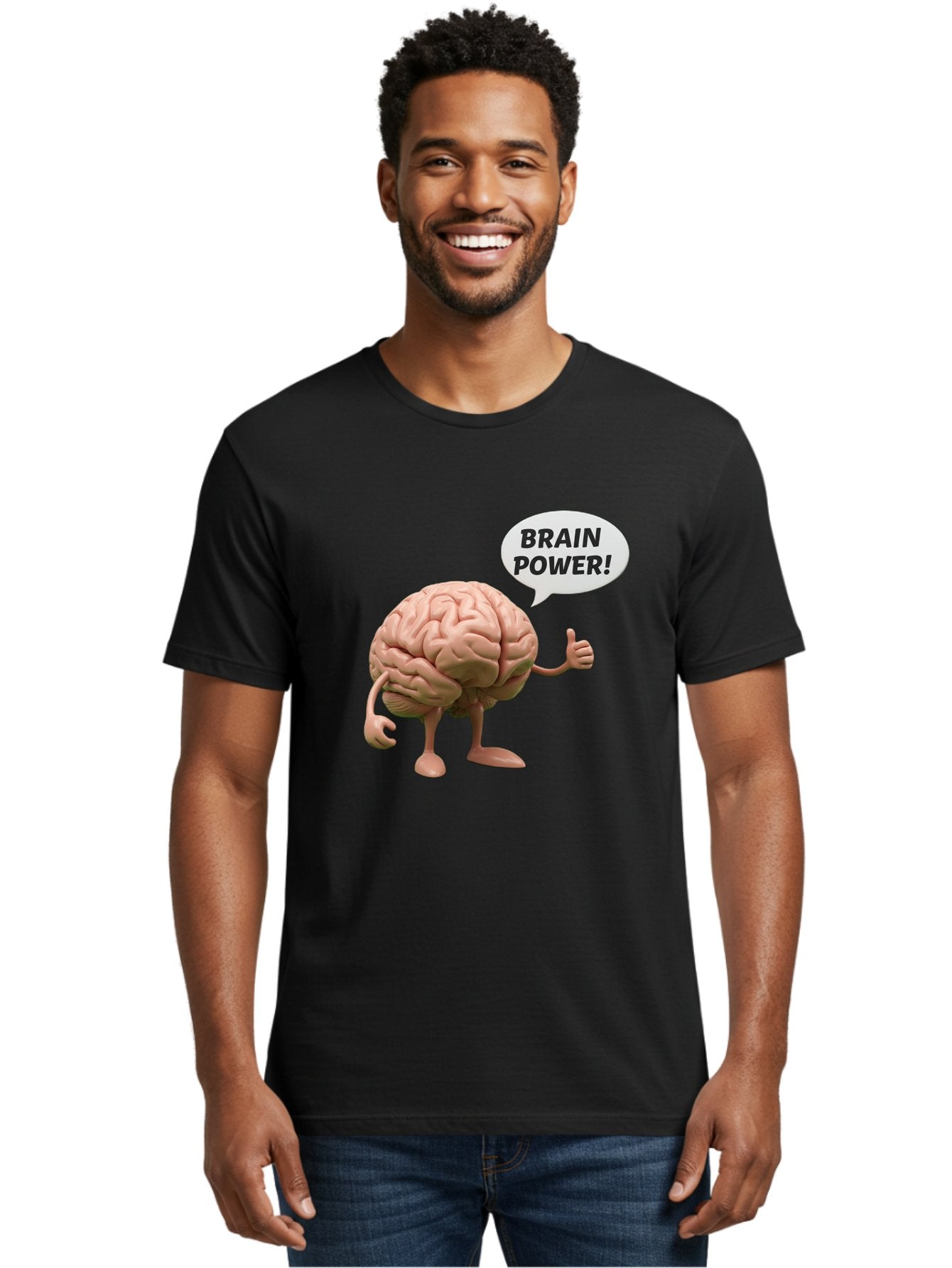 Brain-Power Men'S Graphic Tee, 100% Cotton, Comfortable Casual Summer Wear, Machine Washable, Cartoon Brain Character, Thumbs Up, Intellectual Power, Cognitive Abilities, Mental Strength, Smart Thinking, Brain Power, Happy Brain, Confidence, Bae005 19