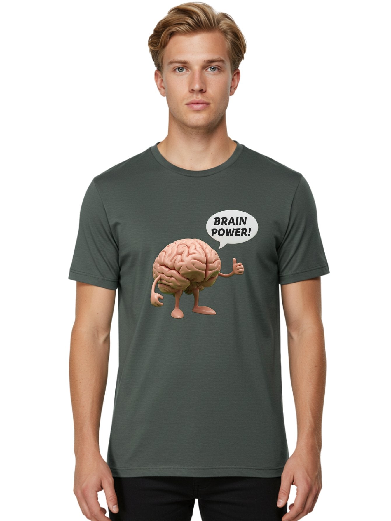 Brain-Power Men'S Graphic Tee, 100% Cotton, Comfortable Casual Summer Wear, Machine Washable, Cartoon Brain Character, Thumbs Up, Intellectual Power, Cognitive Abilities, Mental Strength, Smart Thinking, Brain Power, Happy Brain, Confidence, Bae005 17