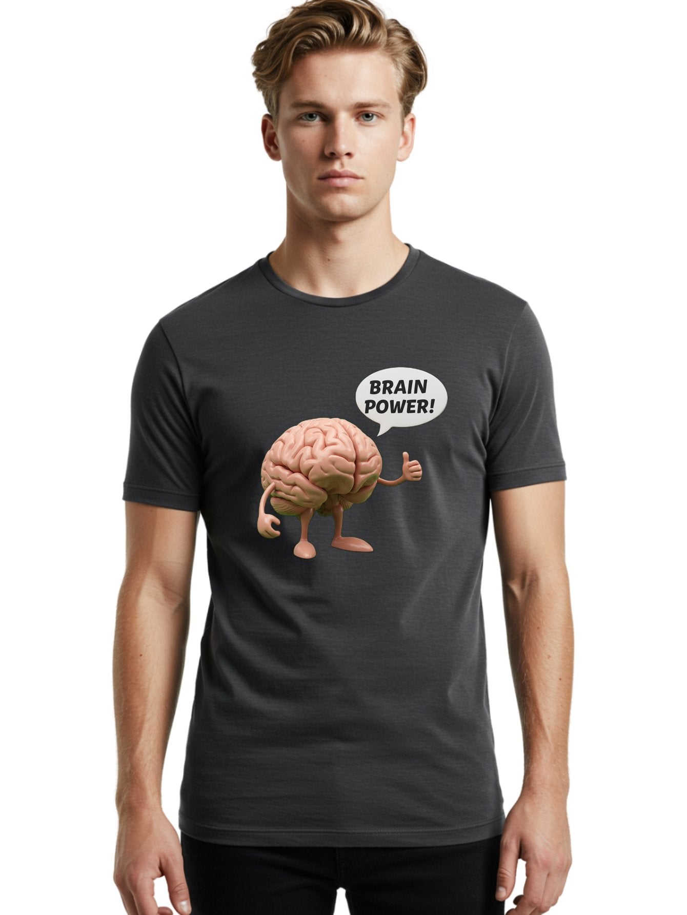 Brain-Power Men'S Graphic Tee, 100% Cotton, Comfortable Casual Summer Wear, Machine Washable, Cartoon Brain Character, Thumbs Up, Intellectual Power, Cognitive Abilities, Mental Strength, Smart Thinking, Brain Power, Happy Brain, Confidence, Bae005 26