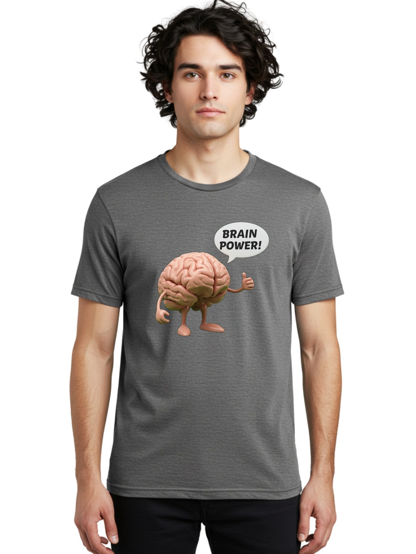 Brain-Power Men'S Graphic Tee, 100% Cotton, Comfortable Casual Summer Wear, Machine Washable, Cartoon Brain Character, Thumbs Up, Intellectual Power, Cognitive Abilities, Mental Strength, Smart Thinking, Brain Power, Happy Brain, Confidence, Bae005 25
