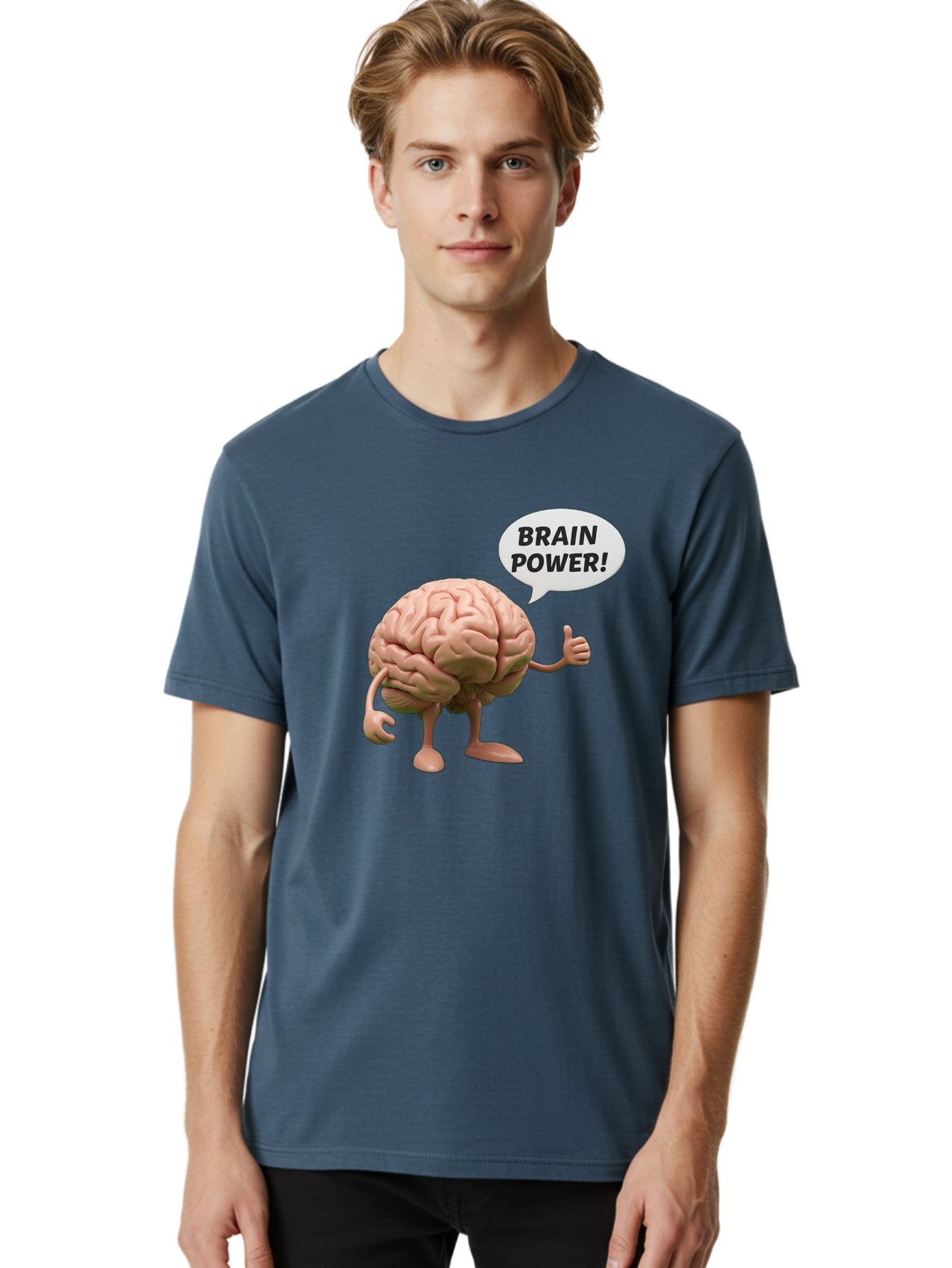 Brain-Power Men'S Graphic Tee, 100% Cotton, Comfortable Casual Summer Wear, Machine Washable, Cartoon Brain Character, Thumbs Up, Intellectual Power, Cognitive Abilities, Mental Strength, Smart Thinking, Brain Power, Happy Brain, Confidence, Bae005 21