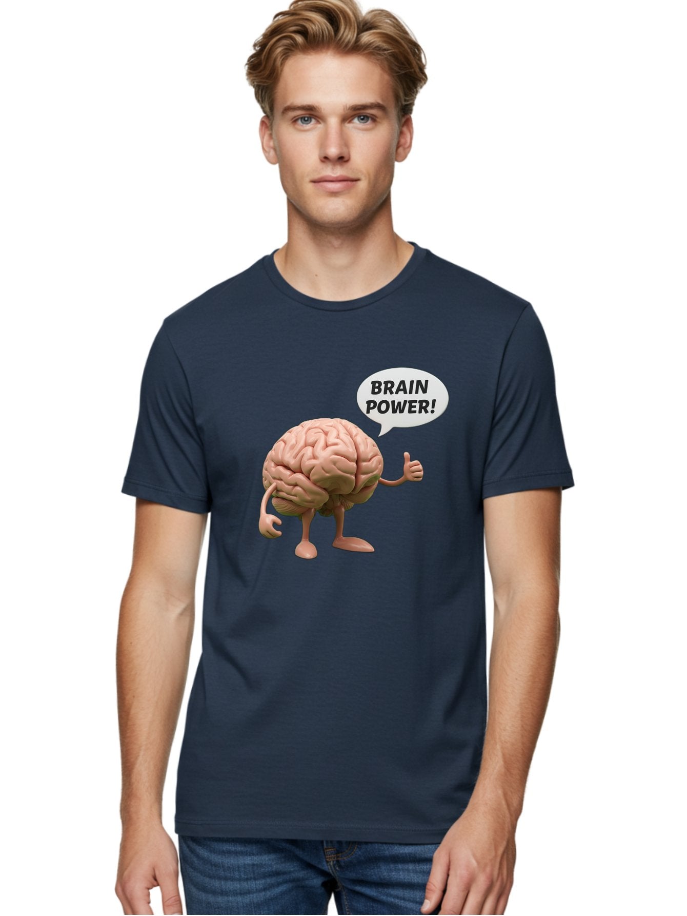 Brain-Power Men'S Graphic Tee, 100% Cotton, Comfortable Casual Summer Wear, Machine Washable, Cartoon Brain Character, Thumbs Up, Intellectual Power, Cognitive Abilities, Mental Strength, Smart Thinking, Brain Power, Happy Brain, Confidence, Bae005 28