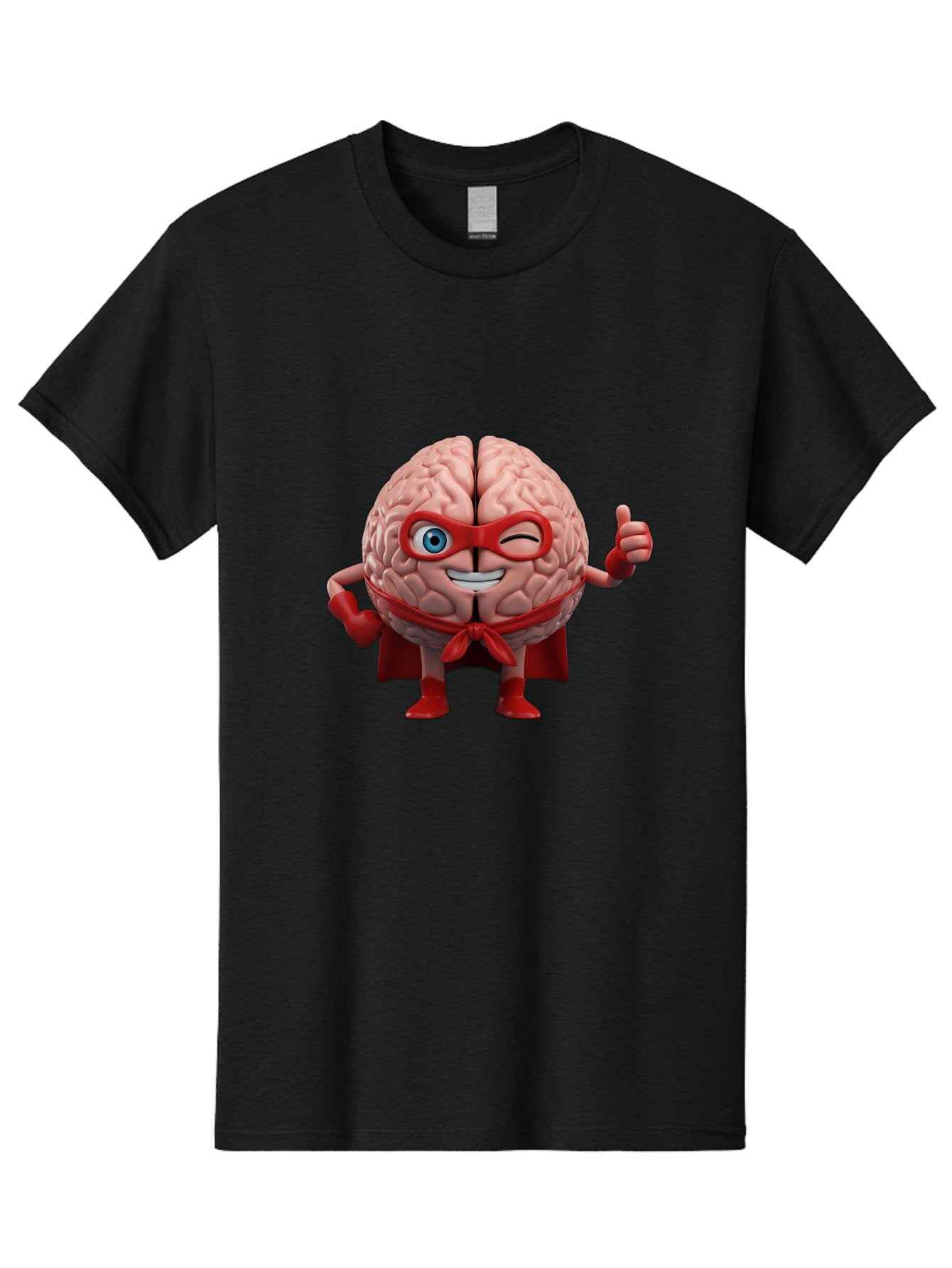 Brain-Superhero Men'S Graphic Tee, 100% Cotton, Comfortable Casual Summer Wear, Machine Washable, Cartoon Brain, Superhero Character, Comic Book Style, Flexing Muscles, Thumbs Up, Red Cape, Red Mask, Human Brain Illustration, Funny, Creative, Bae006 14