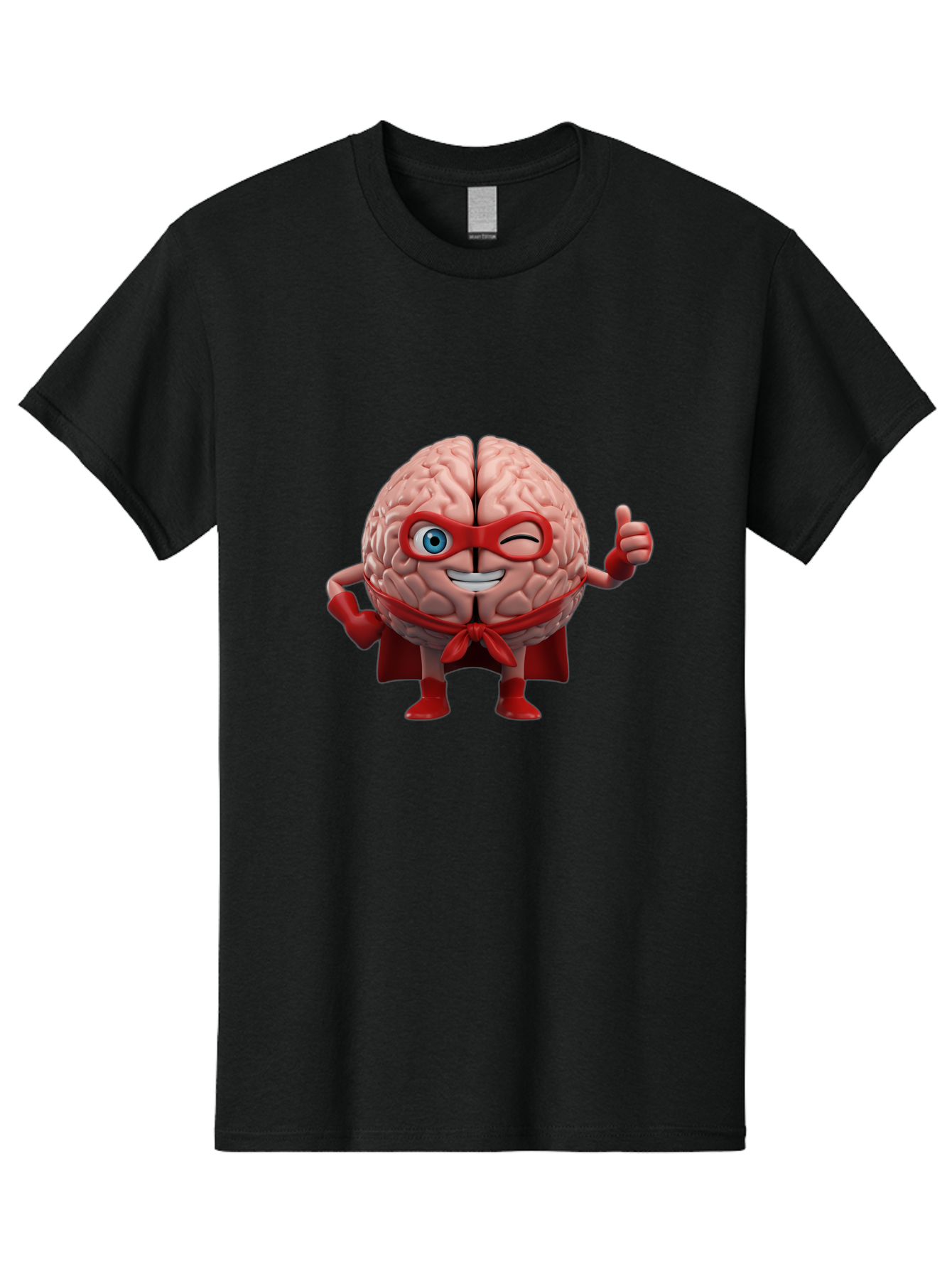 Brain-Superhero Men'S Graphic Tee, 100% Cotton, Comfortable Casual Summer Wear, Machine Washable, Cartoon Brain, Superhero Character, Comic Book Style, Flexing Muscles, Thumbs Up, Red Cape, Red Mask, Human Brain Illustration, Funny, Creative, Bae006