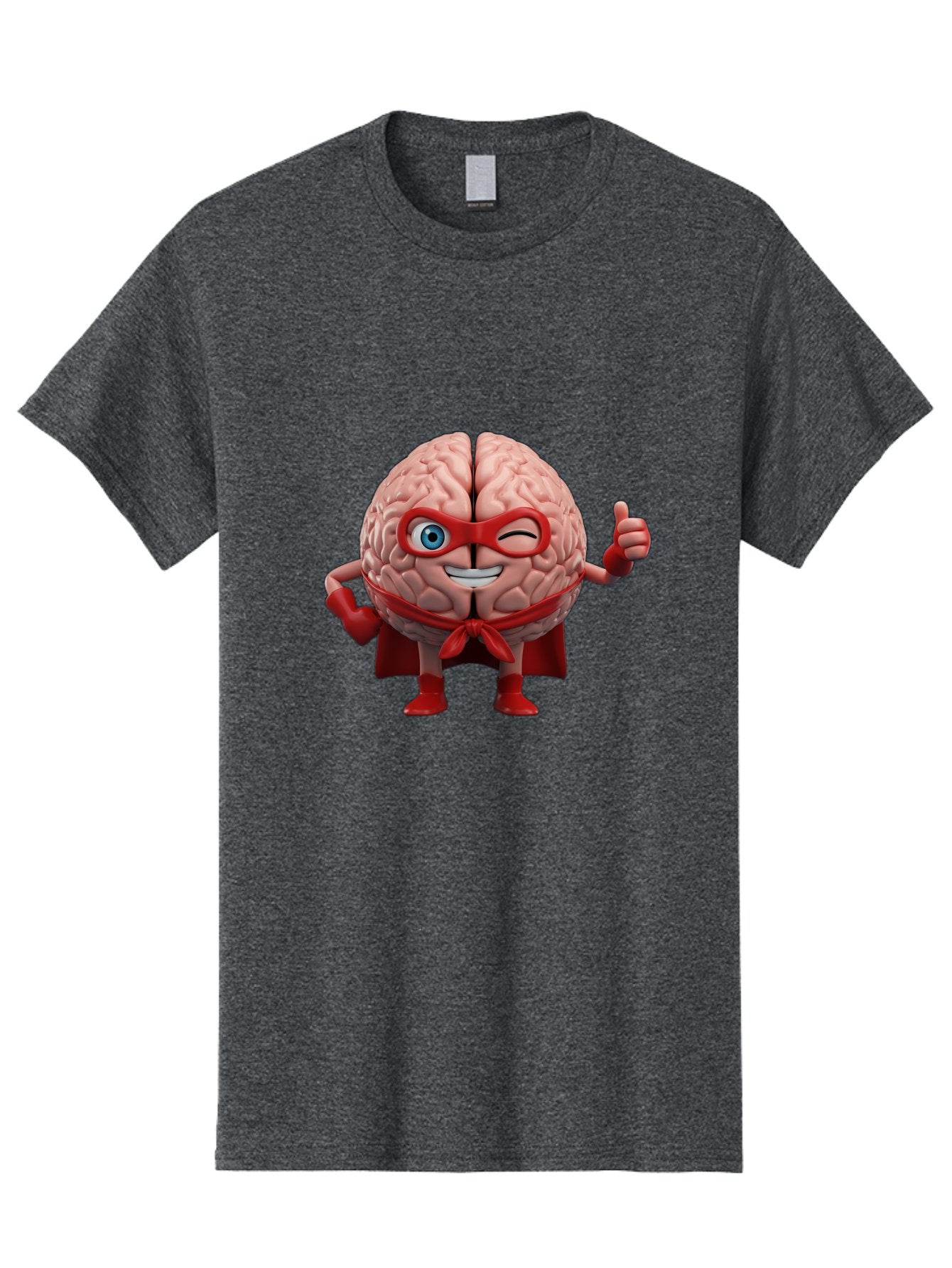 Brain-Superhero Men'S Graphic Tee, 100% Cotton, Comfortable Casual Summer Wear, Machine Washable, Cartoon Brain, Superhero Character, Comic Book Style, Flexing Muscles, Thumbs Up, Red Cape, Red Mask, Human Brain Illustration, Funny, Creative, Bae006 8