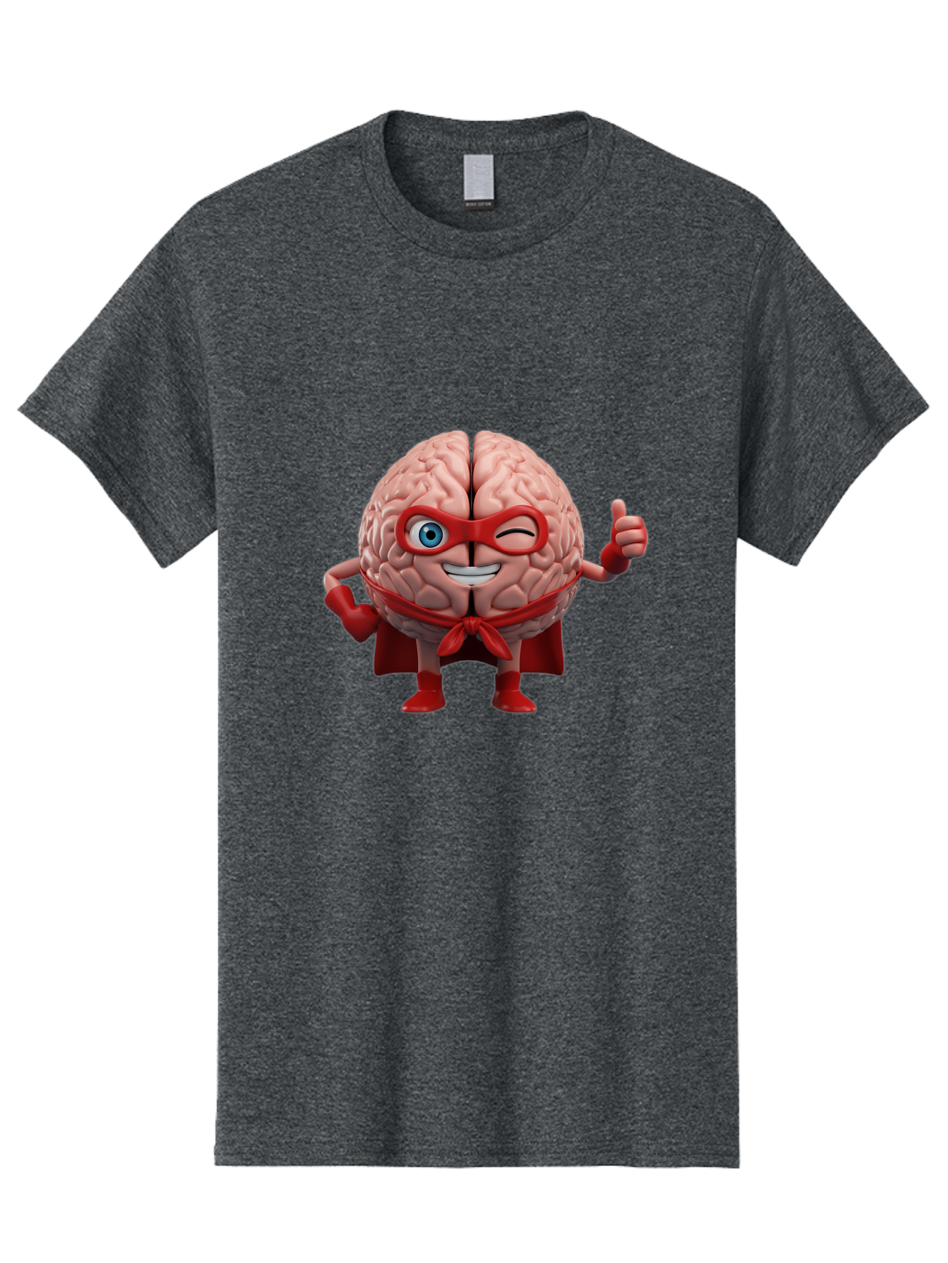 Brain-Superhero Men'S Graphic Tee, 100% Cotton, Comfortable Casual Summer Wear, Machine Washable, Cartoon Brain, Superhero Character, Comic Book Style, Flexing Muscles, Thumbs Up, Red Cape, Red Mask, Human Brain Illustration, Funny, Creative, Bae006 6