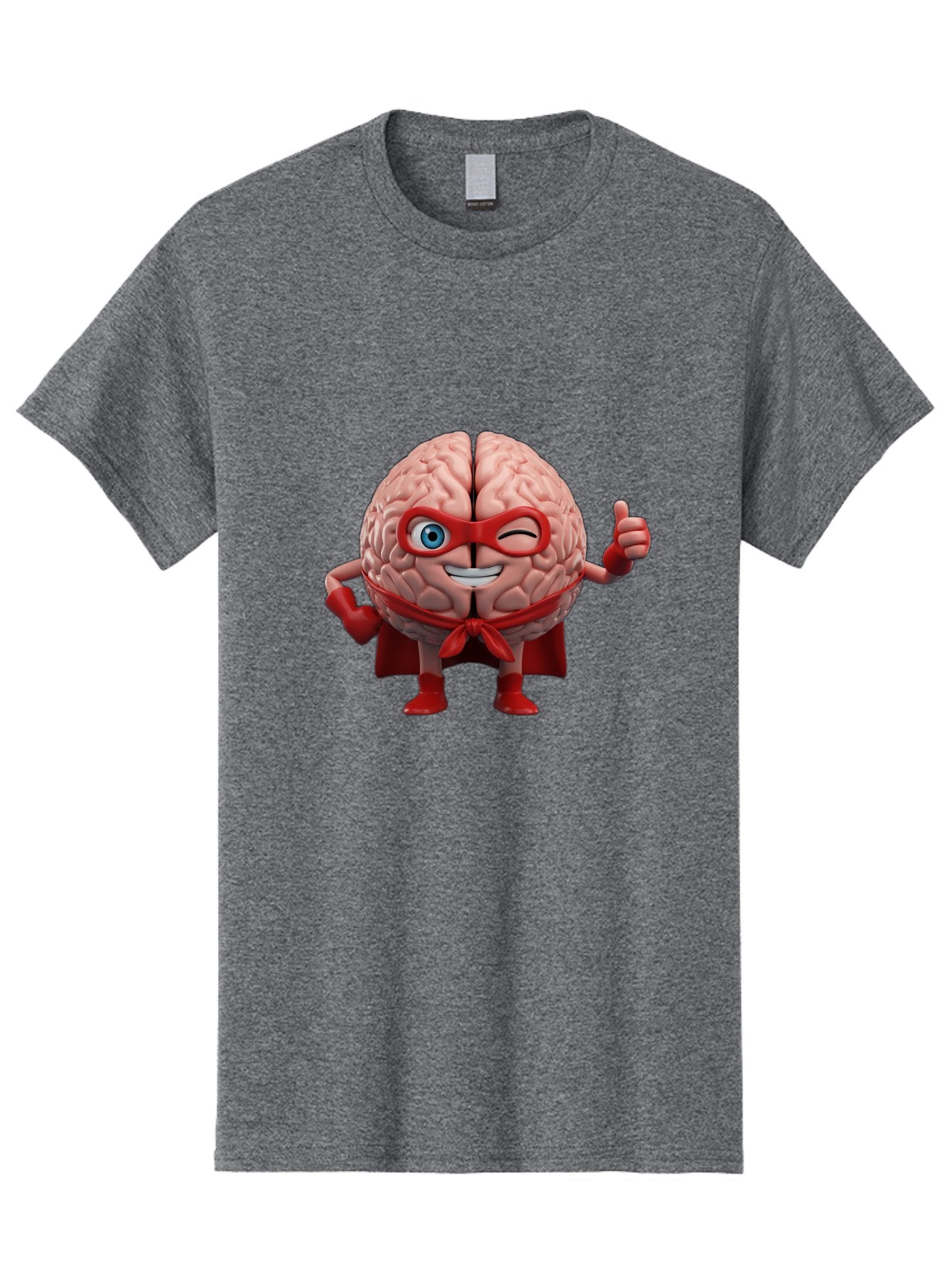 Brain-Superhero Men'S Graphic Tee, 100% Cotton, Comfortable Casual Summer Wear, Machine Washable, Cartoon Brain, Superhero Character, Comic Book Style, Flexing Muscles, Thumbs Up, Red Cape, Red Mask, Human Brain Illustration, Funny, Creative, Bae006 5