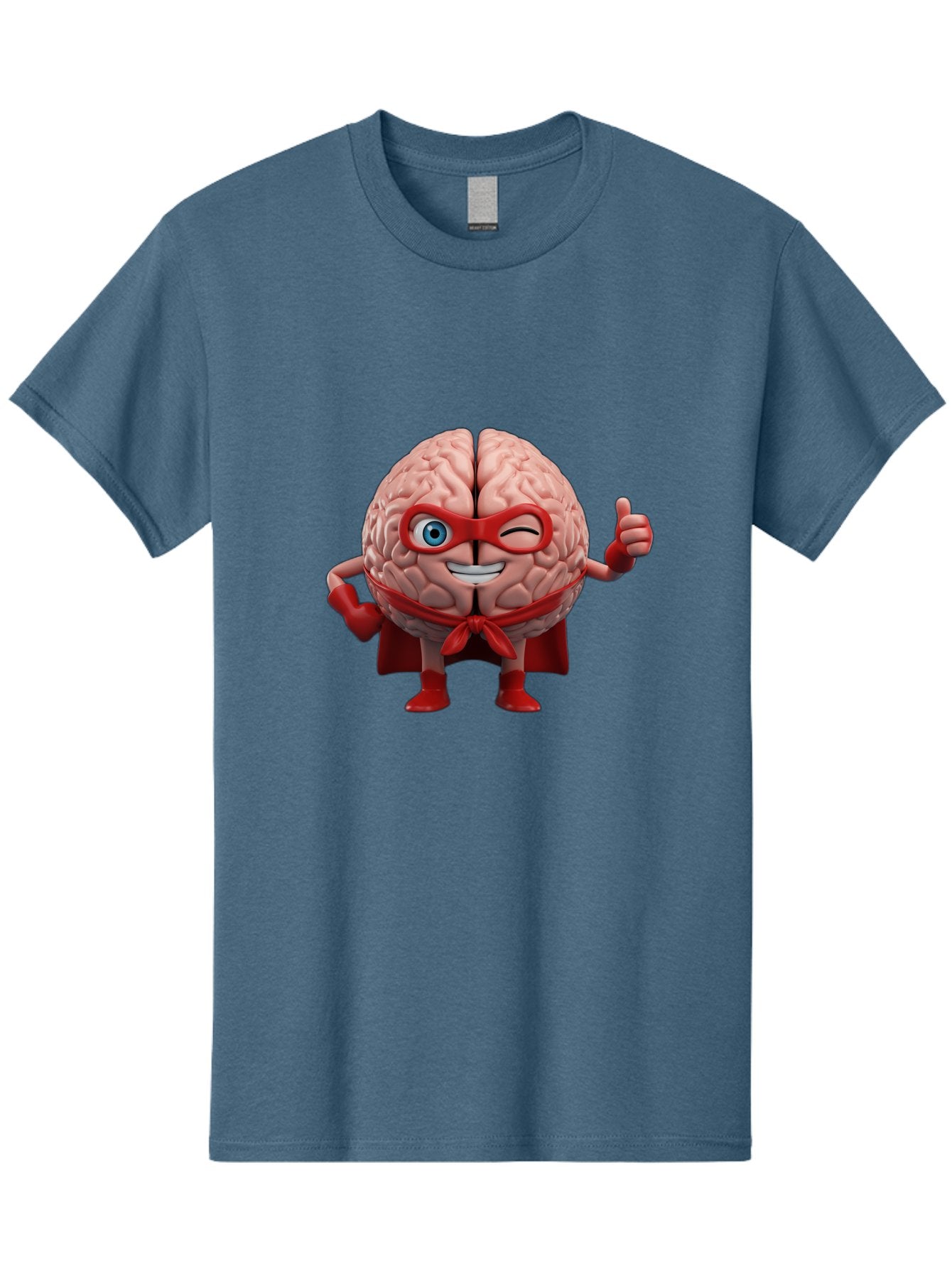 Brain-Superhero Men'S Graphic Tee, 100% Cotton, Comfortable Casual Summer Wear, Machine Washable, Cartoon Brain, Superhero Character, Comic Book Style, Flexing Muscles, Thumbs Up, Red Cape, Red Mask, Human Brain Illustration, Funny, Creative, Bae006 9