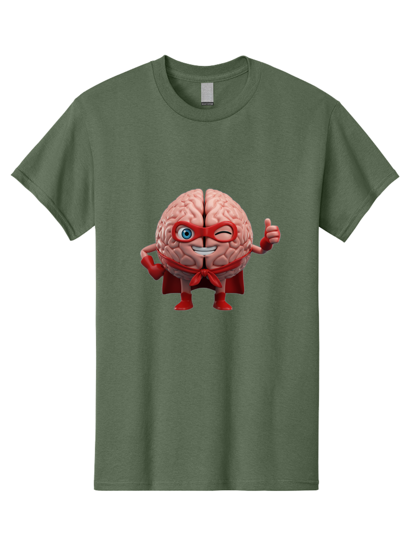 Brain-Superhero Men'S Graphic Tee, 100% Cotton, Comfortable Casual Summer Wear, Machine Washable, Cartoon Brain, Superhero Character, Comic Book Style, Flexing Muscles, Thumbs Up, Red Cape, Red Mask, Human Brain Illustration, Funny, Creative, Bae006 4