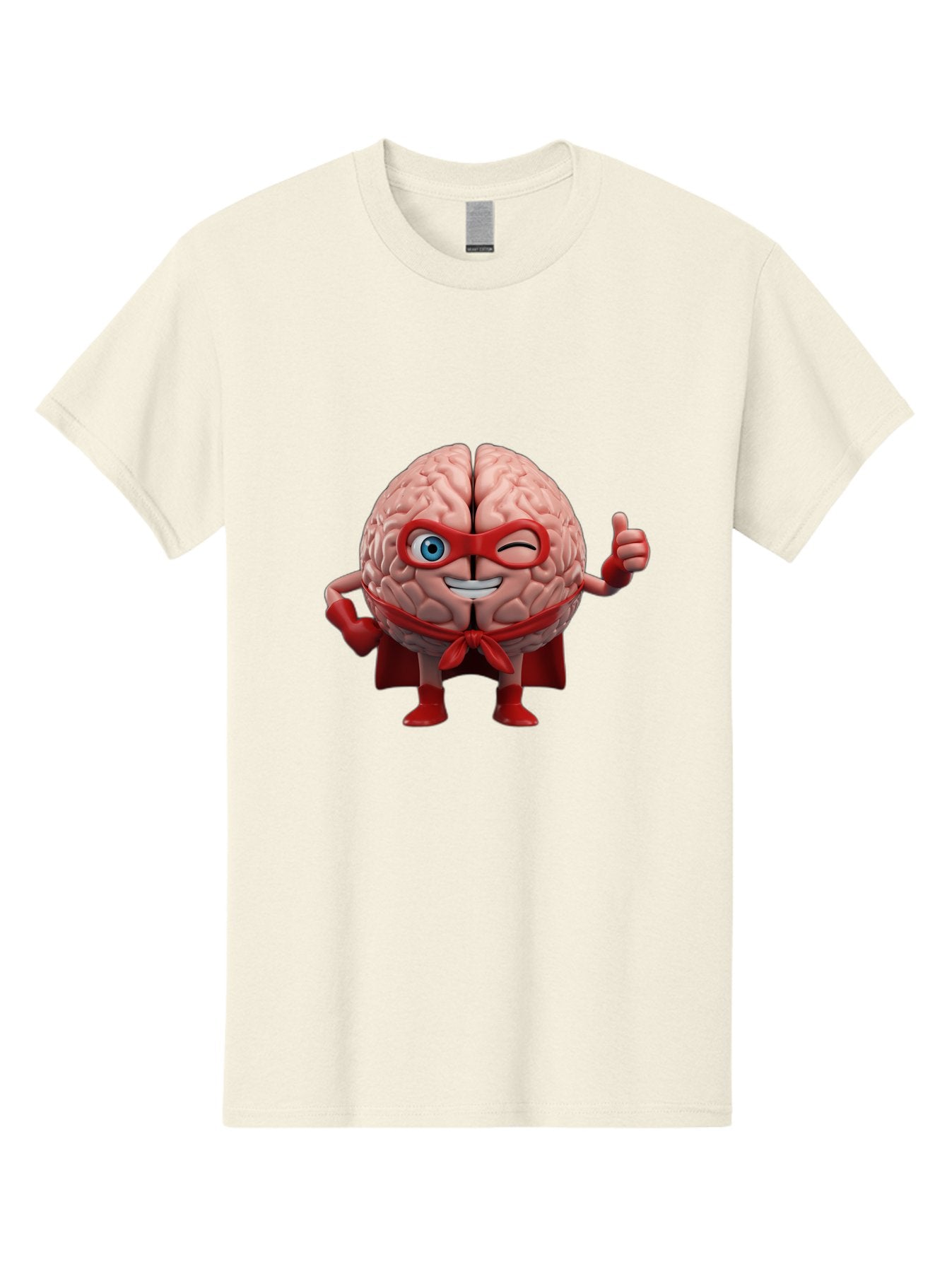 Brain-Superhero Men'S Graphic Tee, 100% Cotton, Comfortable Casual Summer Wear, Machine Washable, Cartoon Brain, Superhero Character, Comic Book Style, Flexing Muscles, Thumbs Up, Red Cape, Red Mask, Human Brain Illustration, Funny, Creative, Bae006