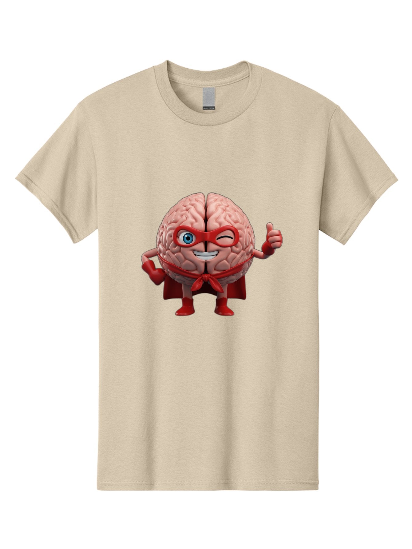 Brain-Superhero Men'S Graphic Tee, 100% Cotton, Comfortable Casual Summer Wear, Machine Washable, Cartoon Brain, Superhero Character, Comic Book Style, Flexing Muscles, Thumbs Up, Red Cape, Red Mask, Human Brain Illustration, Funny, Creative, Bae006 13