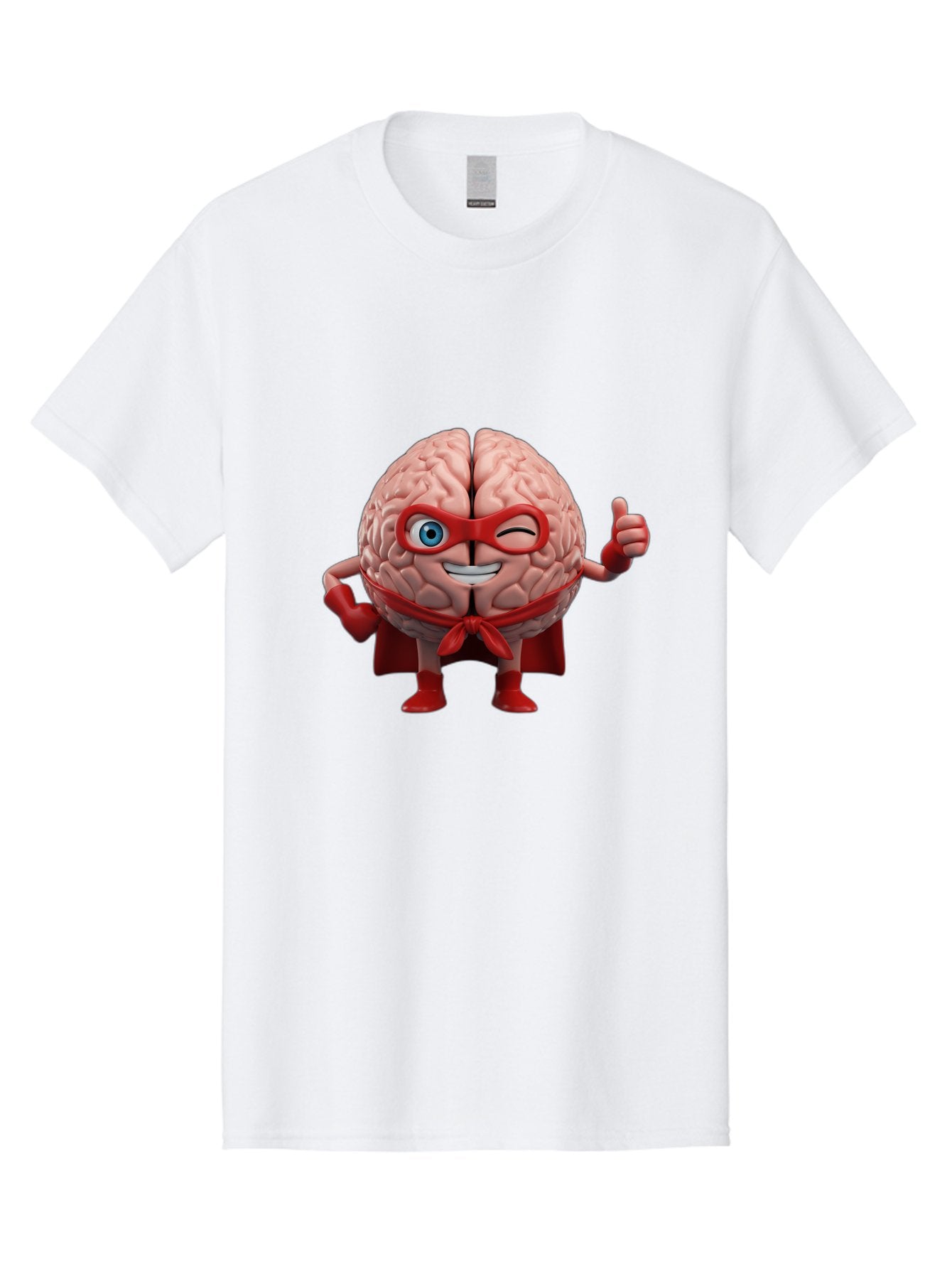 Brain-Superhero Men'S Graphic Tee, 100% Cotton, Comfortable Casual Summer Wear, Machine Washable, Cartoon Brain, Superhero Character, Comic Book Style, Flexing Muscles, Thumbs Up, Red Cape, Red Mask, Human Brain Illustration, Funny, Creative, Bae006 6