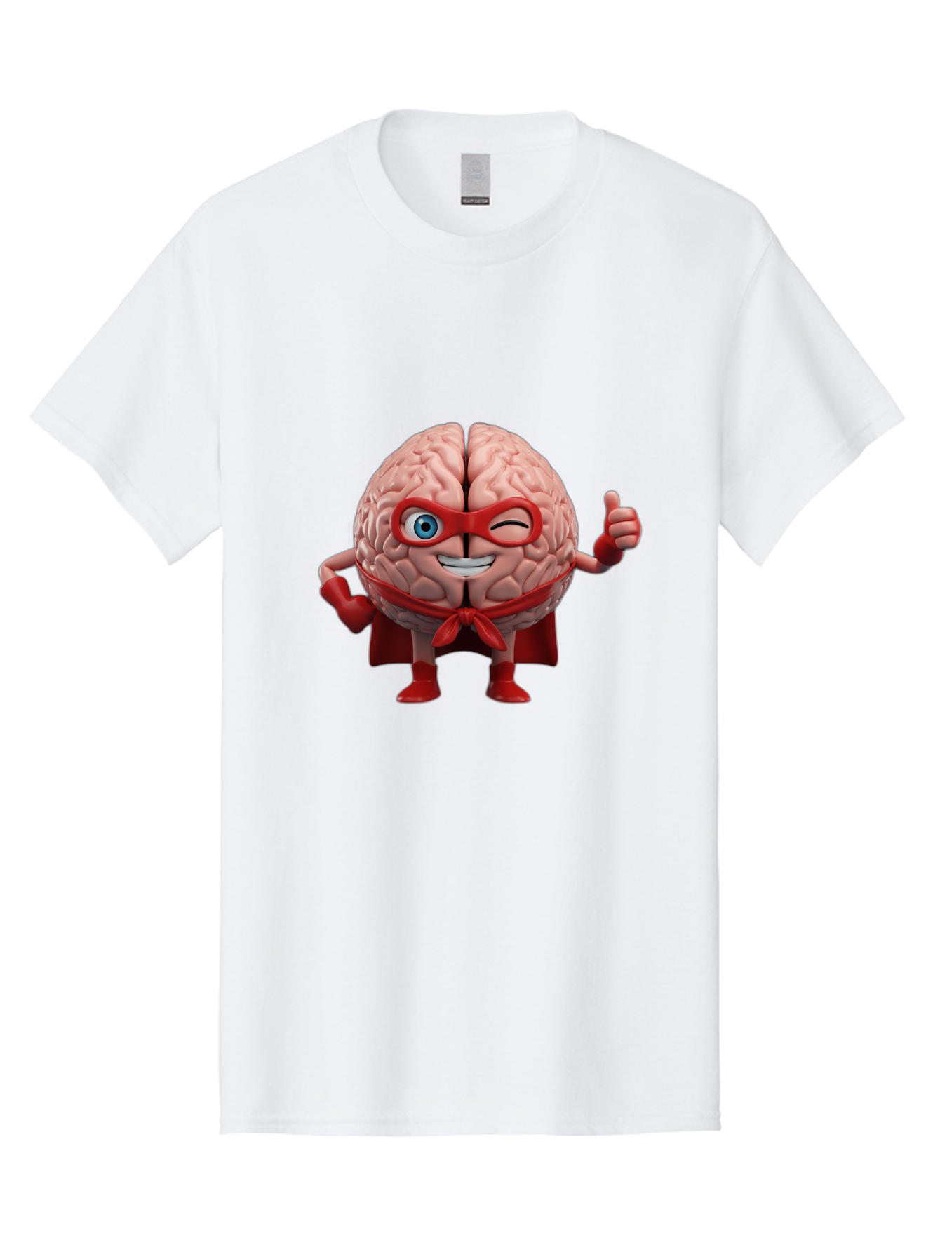 Brain-Superhero Men'S Graphic Tee, 100% Cotton, Comfortable Casual Summer Wear, Machine Washable, Cartoon Brain, Superhero Character, Comic Book Style, Flexing Muscles, Thumbs Up, Red Cape, Red Mask, Human Brain Illustration, Funny, Creative, Bae006 7