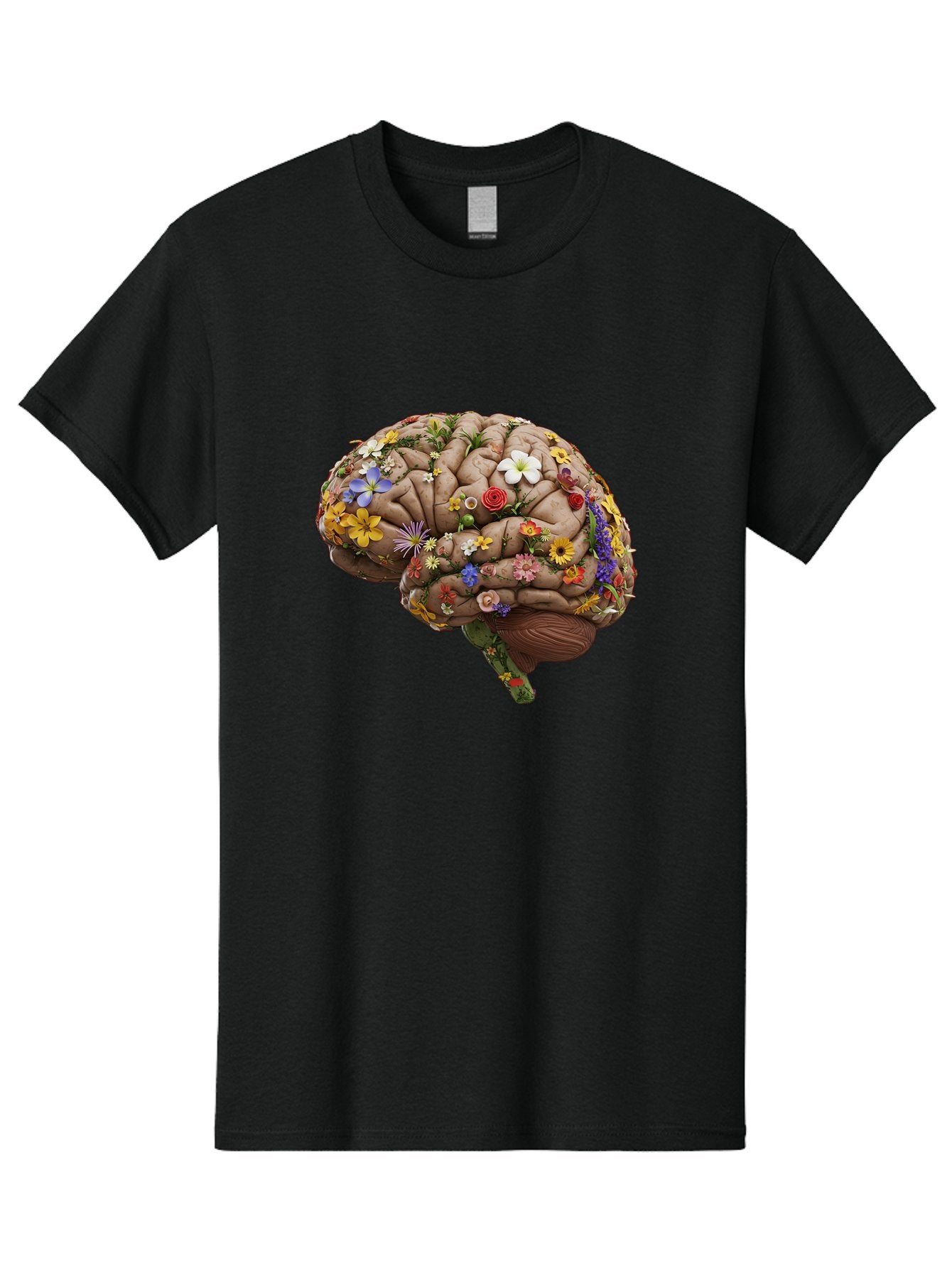 Brain-With-Flowers Men'S Graphic Tee, 100% Cotton, Comfortable Casual Summer Wear, Machine Washable, Human Brain, Flowers Blooming, Creative Thinking, Mental Health, Wellness, Vibrant Colors, Floral Arrangement, Positive Vibes, Brain Power, Bae007 8