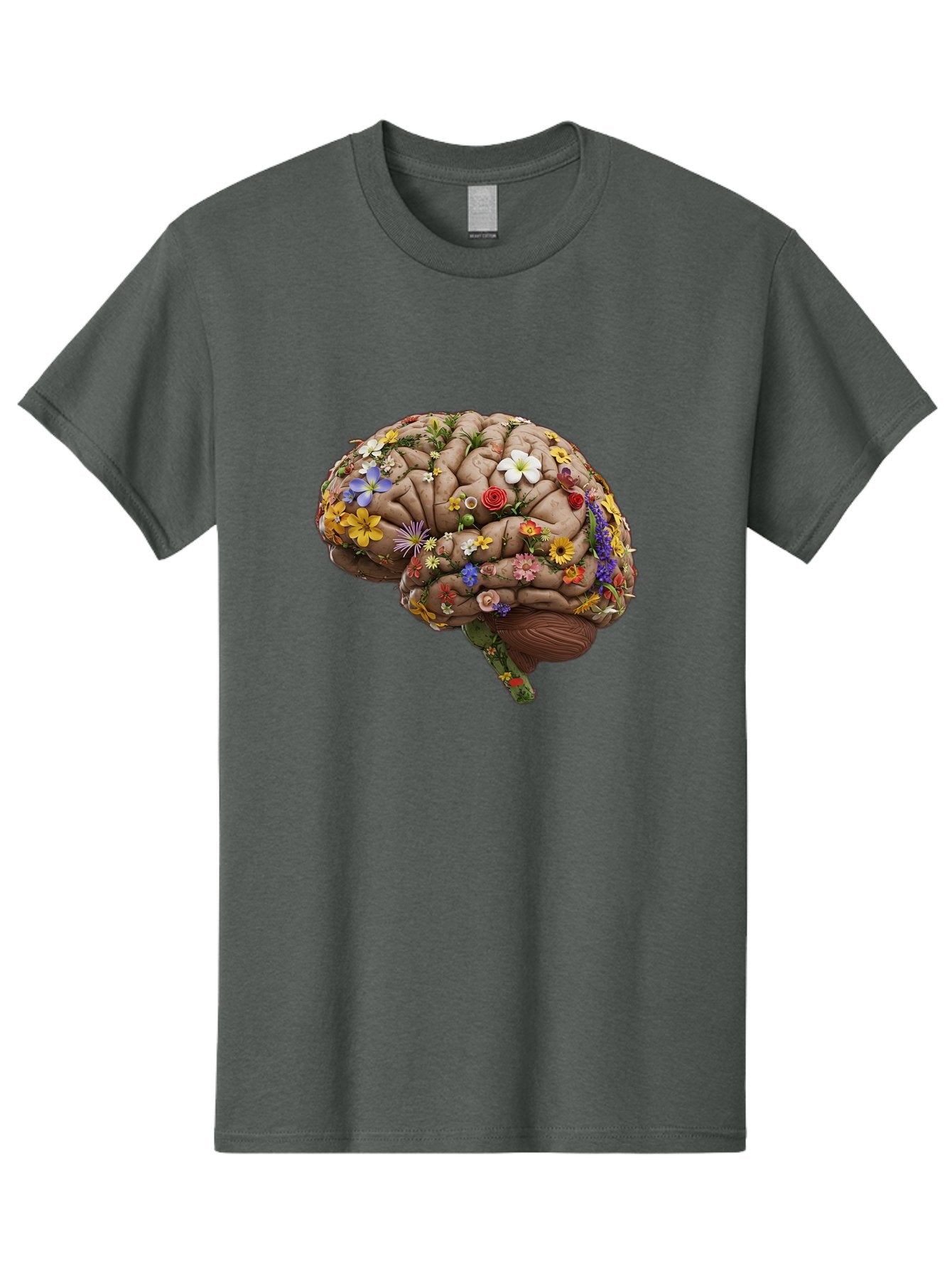 Brain-With-Flowers Men'S Graphic Tee, 100% Cotton, Comfortable Casual Summer Wear, Machine Washable, Human Brain, Flowers Blooming, Creative Thinking, Mental Health, Wellness, Vibrant Colors, Floral Arrangement, Positive Vibes, Brain Power, Bae007 6