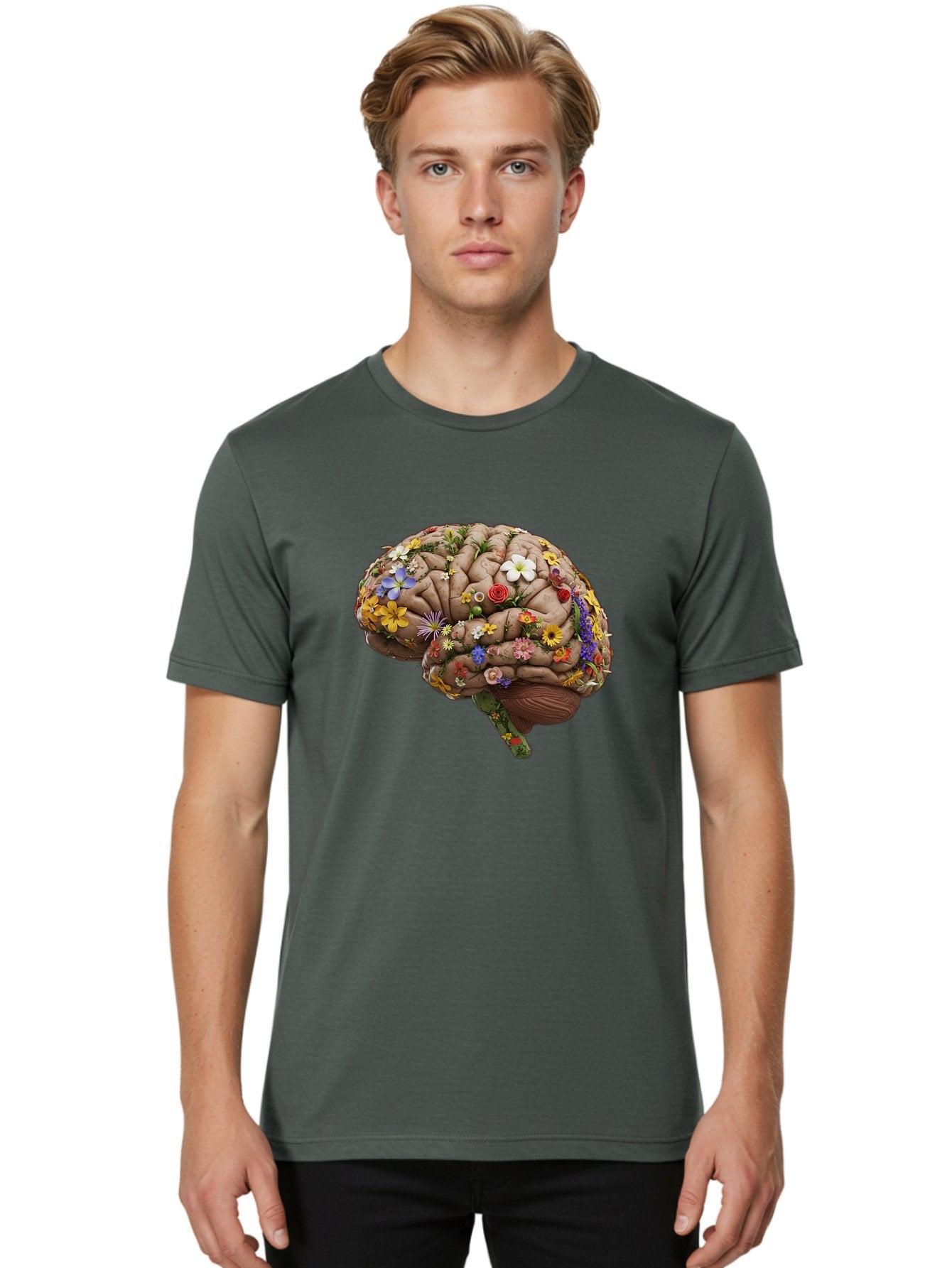 Brain-With-Flowers Men'S Graphic Tee, 100% Cotton, Comfortable Casual Summer Wear, Machine Washable, Human Brain, Flowers Blooming, Creative Thinking, Mental Health, Wellness, Vibrant Colors, Floral Arrangement, Positive Vibes, Brain Power, Bae007 24