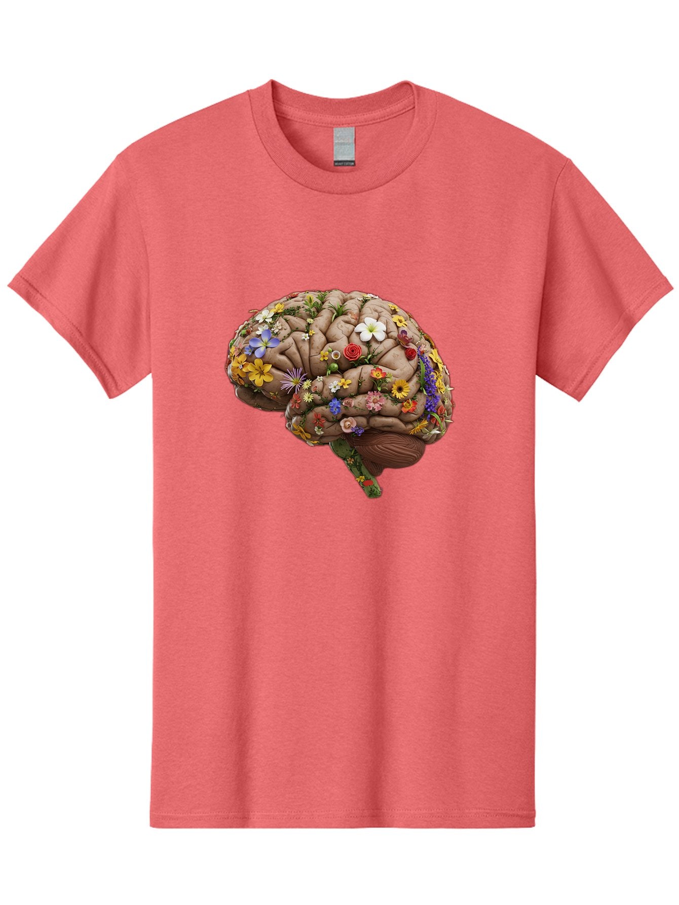 Brain-With-Flowers Men'S Graphic Tee, 100% Cotton, Comfortable Casual Summer Wear, Machine Washable, Human Brain, Flowers Blooming, Creative Thinking, Mental Health, Wellness, Vibrant Colors, Floral Arrangement, Positive Vibes, Brain Power, Bae007 4