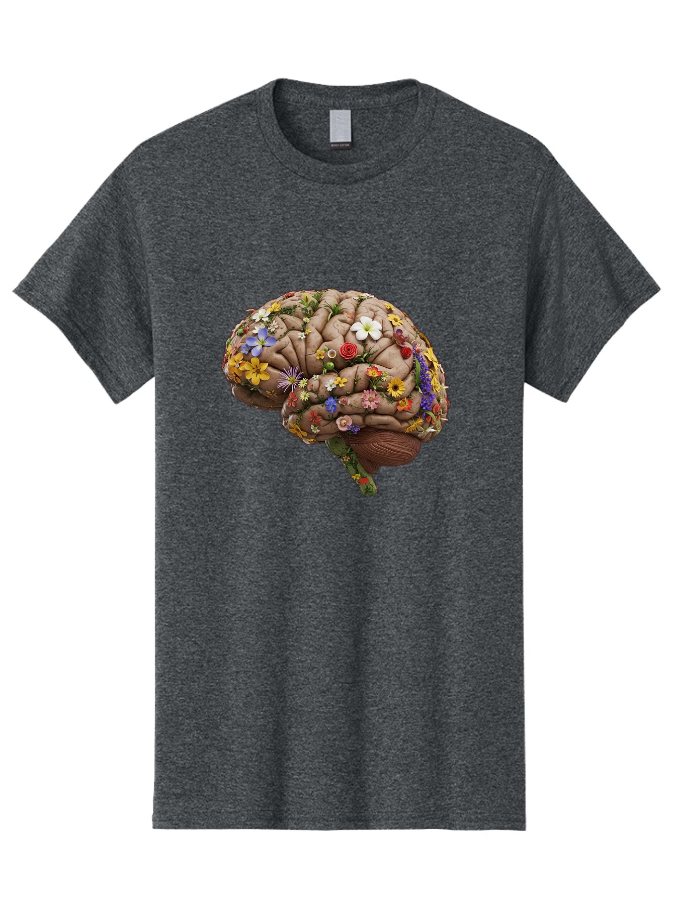 Brain-With-Flowers Men'S Graphic Tee, 100% Cotton, Comfortable Casual Summer Wear, Machine Washable, Human Brain, Flowers Blooming, Creative Thinking, Mental Health, Wellness, Vibrant Colors, Floral Arrangement, Positive Vibes, Brain Power, Bae007 11