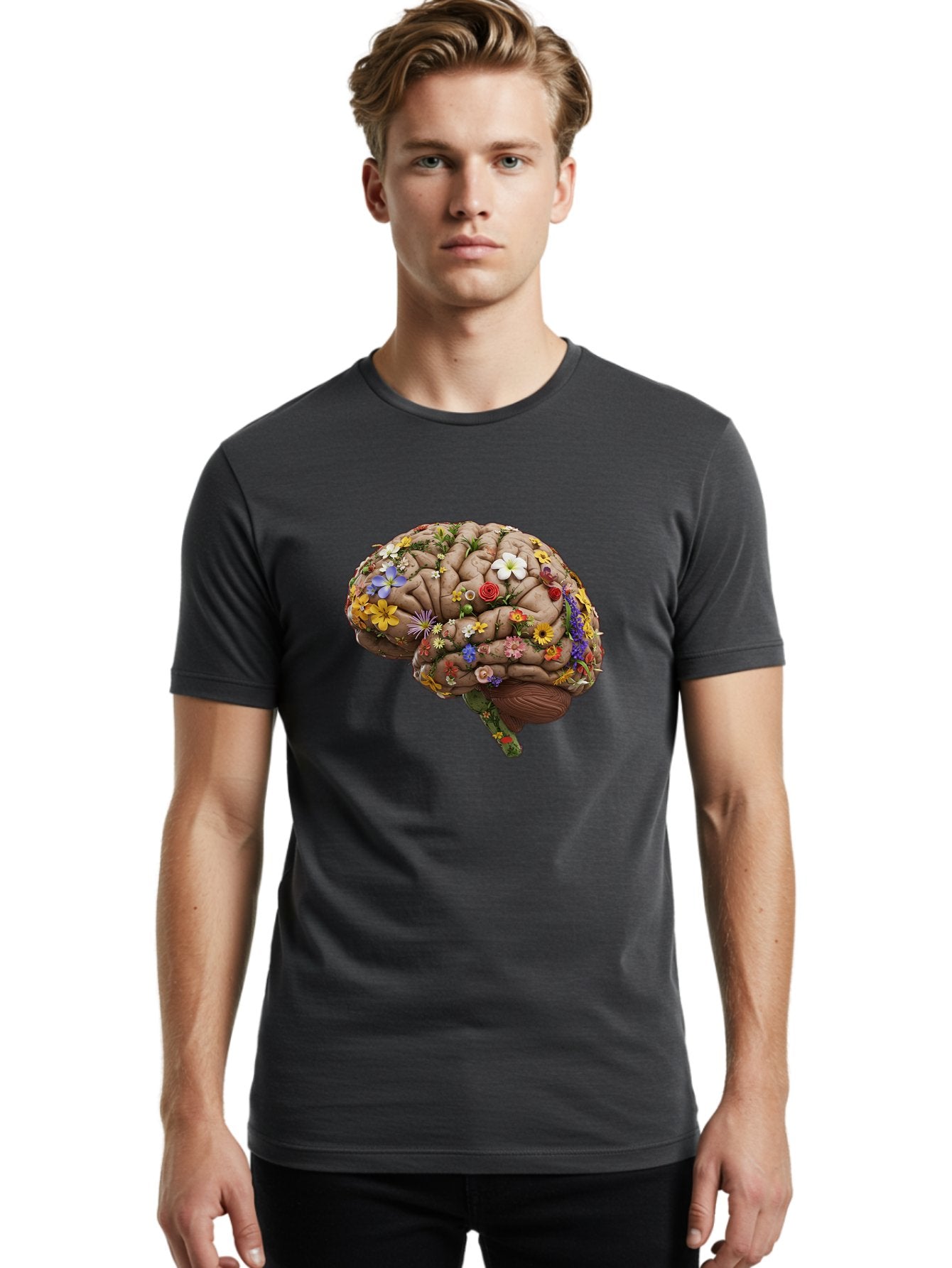 Brain-With-Flowers Men'S Graphic Tee, 100% Cotton, Comfortable Casual Summer Wear, Machine Washable, Human Brain, Flowers Blooming, Creative Thinking, Mental Health, Wellness, Vibrant Colors, Floral Arrangement, Positive Vibes, Brain Power, Bae007 27