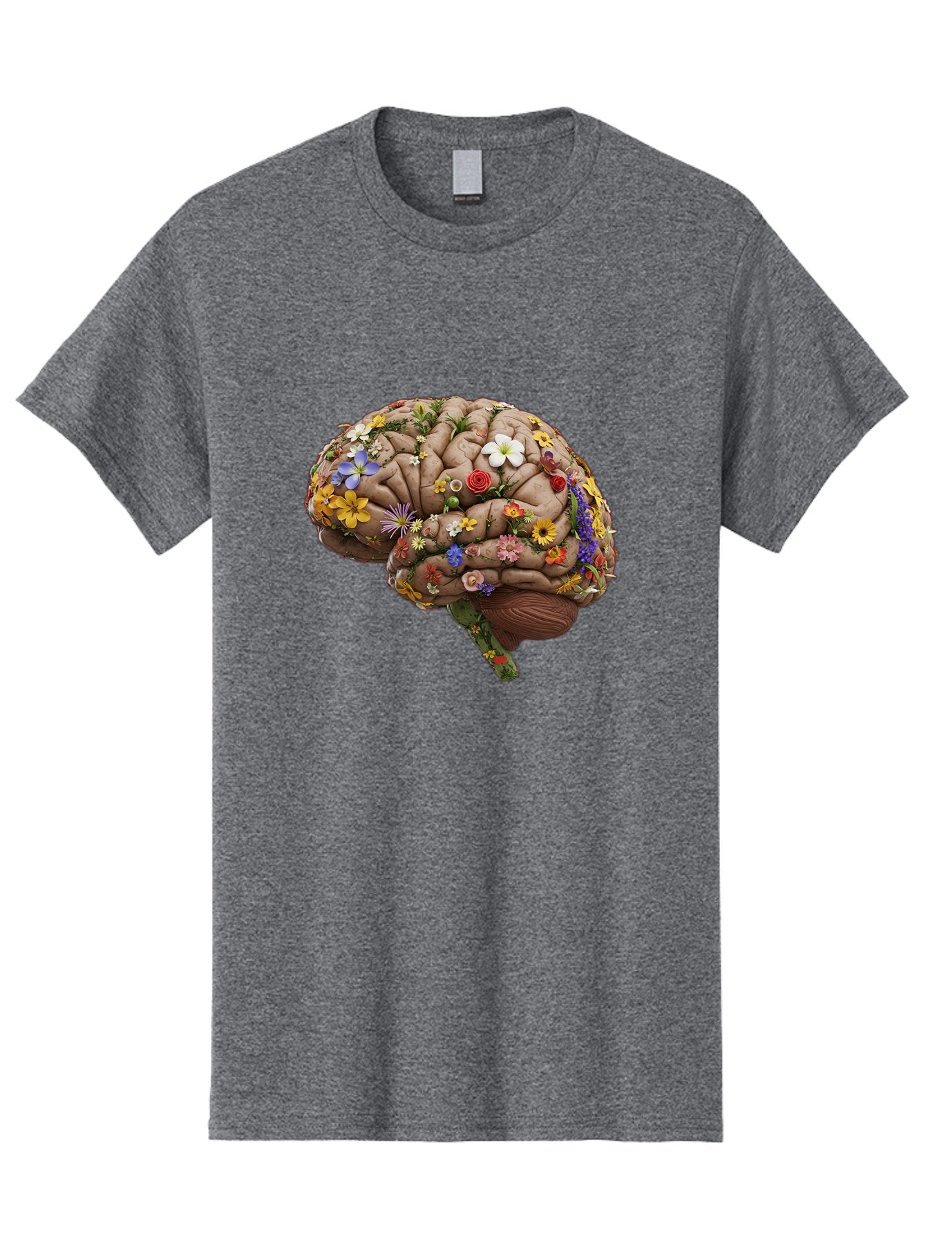 Brain-With-Flowers Men'S Graphic Tee, 100% Cotton, Comfortable Casual Summer Wear, Machine Washable, Human Brain, Flowers Blooming, Creative Thinking, Mental Health, Wellness, Vibrant Colors, Floral Arrangement, Positive Vibes, Brain Power, Bae007 13
