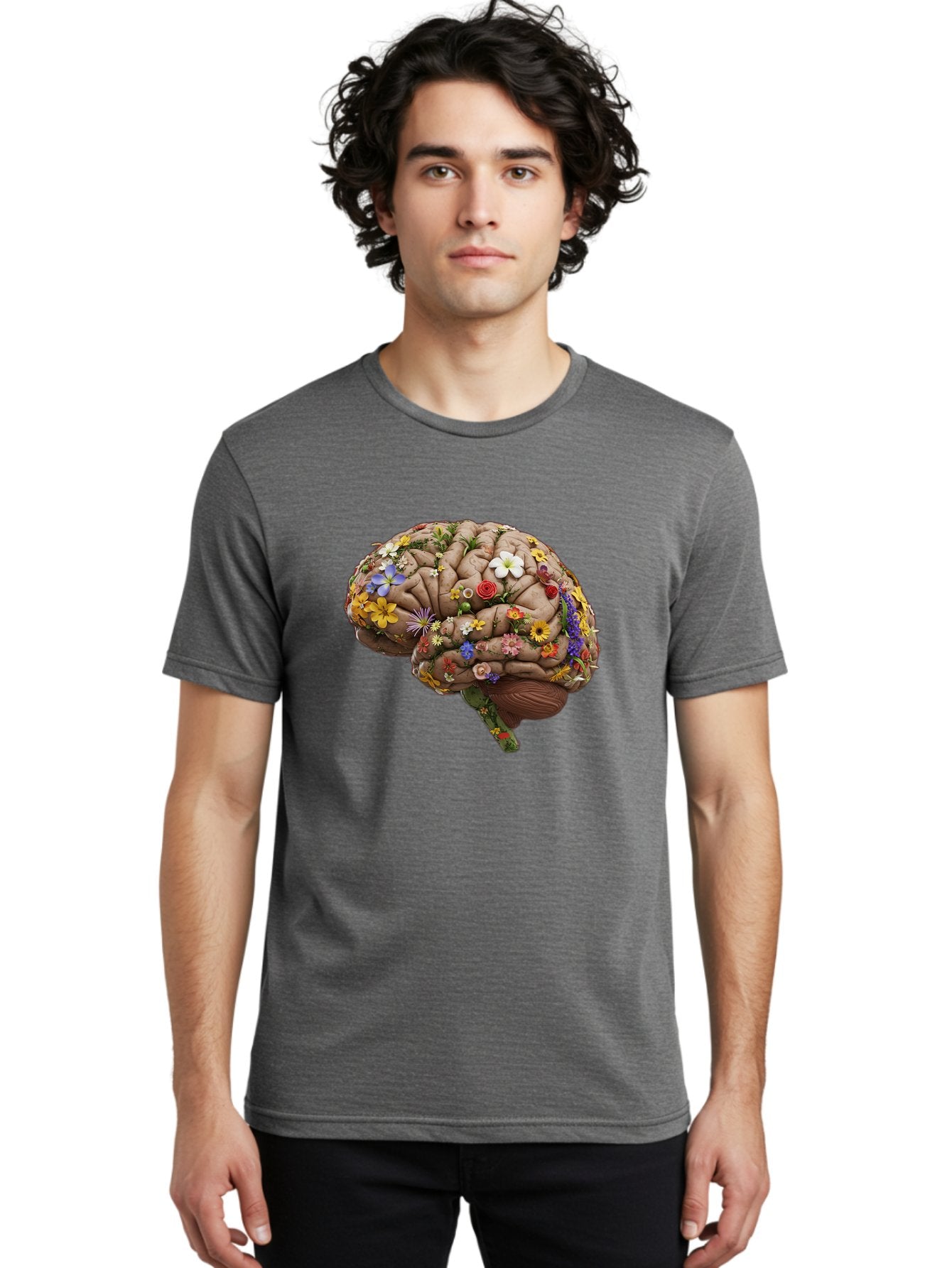 Brain-With-Flowers Men'S Graphic Tee, 100% Cotton, Comfortable Casual Summer Wear, Machine Washable, Human Brain, Flowers Blooming, Creative Thinking, Mental Health, Wellness, Vibrant Colors, Floral Arrangement, Positive Vibes, Brain Power, Bae007 20