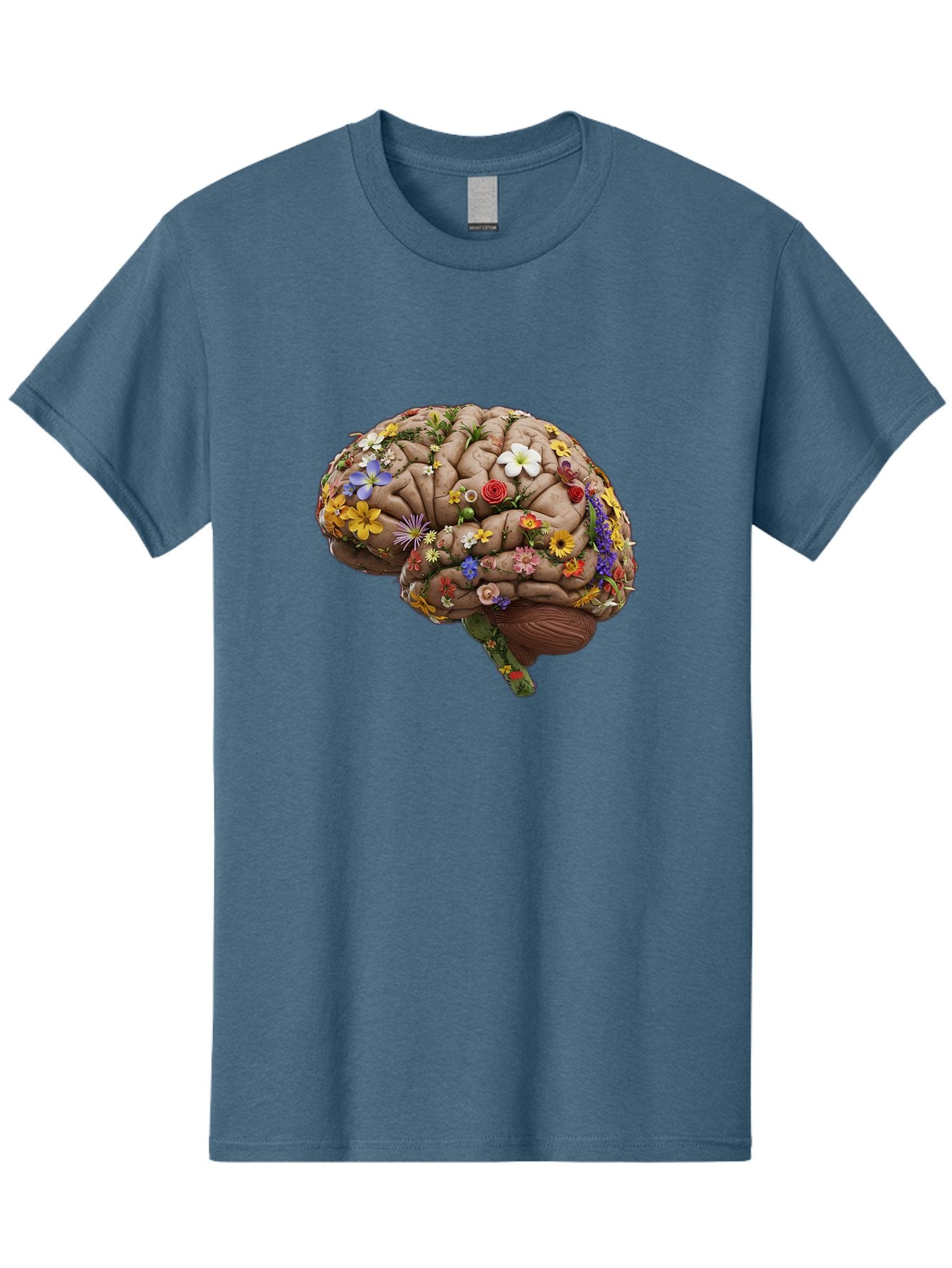 Brain-With-Flowers Men'S Graphic Tee, 100% Cotton, Comfortable Casual Summer Wear, Machine Washable, Human Brain, Flowers Blooming, Creative Thinking, Mental Health, Wellness, Vibrant Colors, Floral Arrangement, Positive Vibes, Brain Power, Bae007