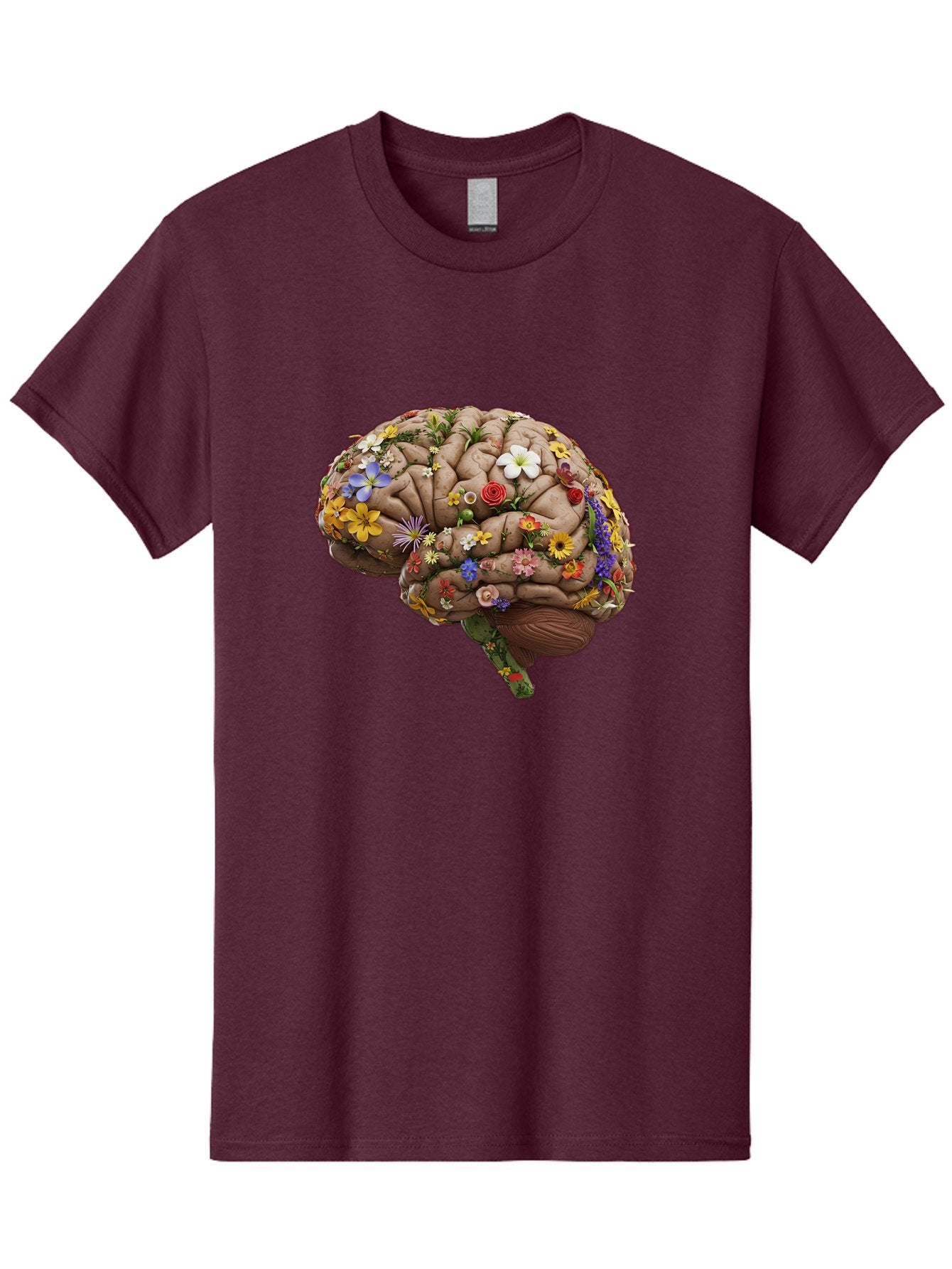 Brain-With-Flowers Men'S Graphic Tee, 100% Cotton, Comfortable Casual Summer Wear, Machine Washable, Human Brain, Flowers Blooming, Creative Thinking, Mental Health, Wellness, Vibrant Colors, Floral Arrangement, Positive Vibes, Brain Power, Bae007 5
