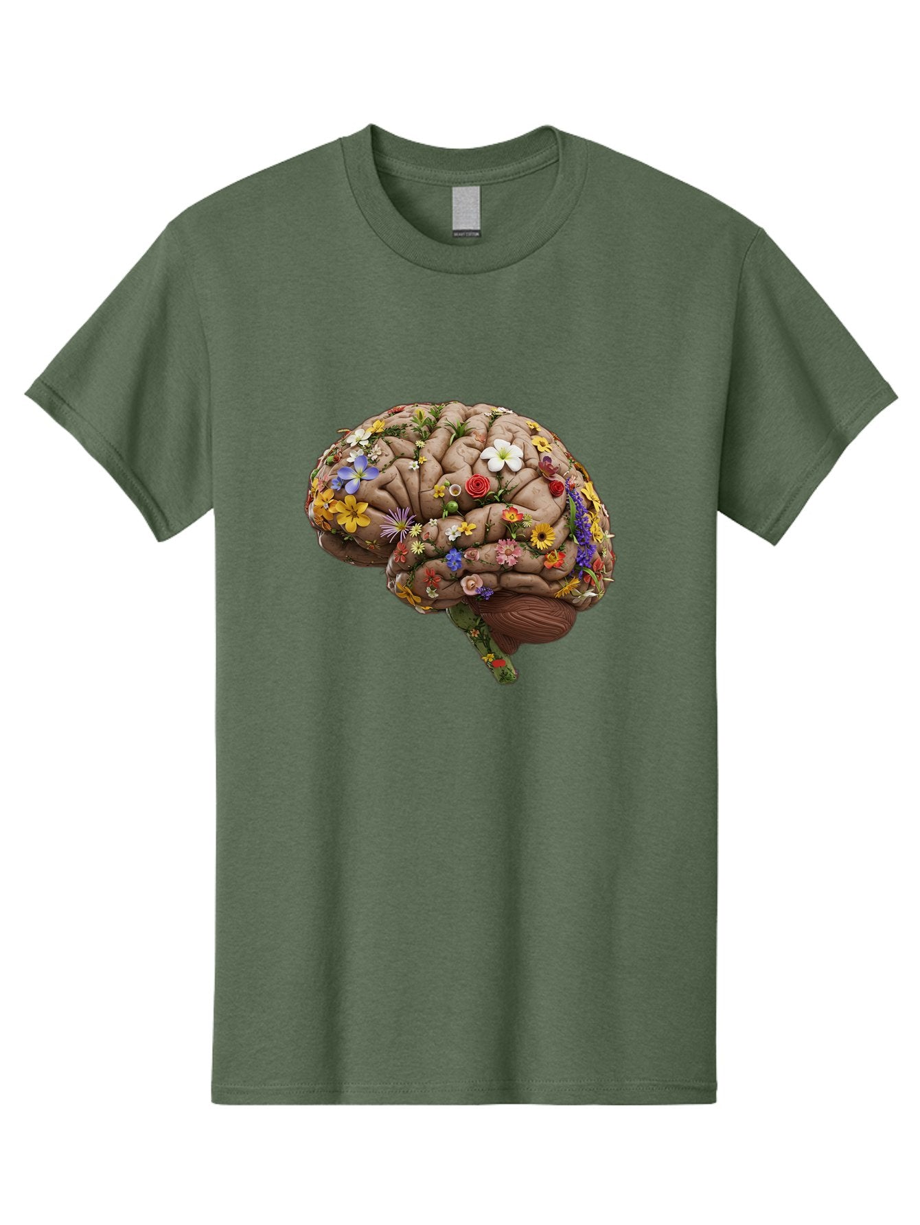 Brain-With-Flowers Men'S Graphic Tee, 100% Cotton, Comfortable Casual Summer Wear, Machine Washable, Human Brain, Flowers Blooming, Creative Thinking, Mental Health, Wellness, Vibrant Colors, Floral Arrangement, Positive Vibes, Brain Power, Bae007 7