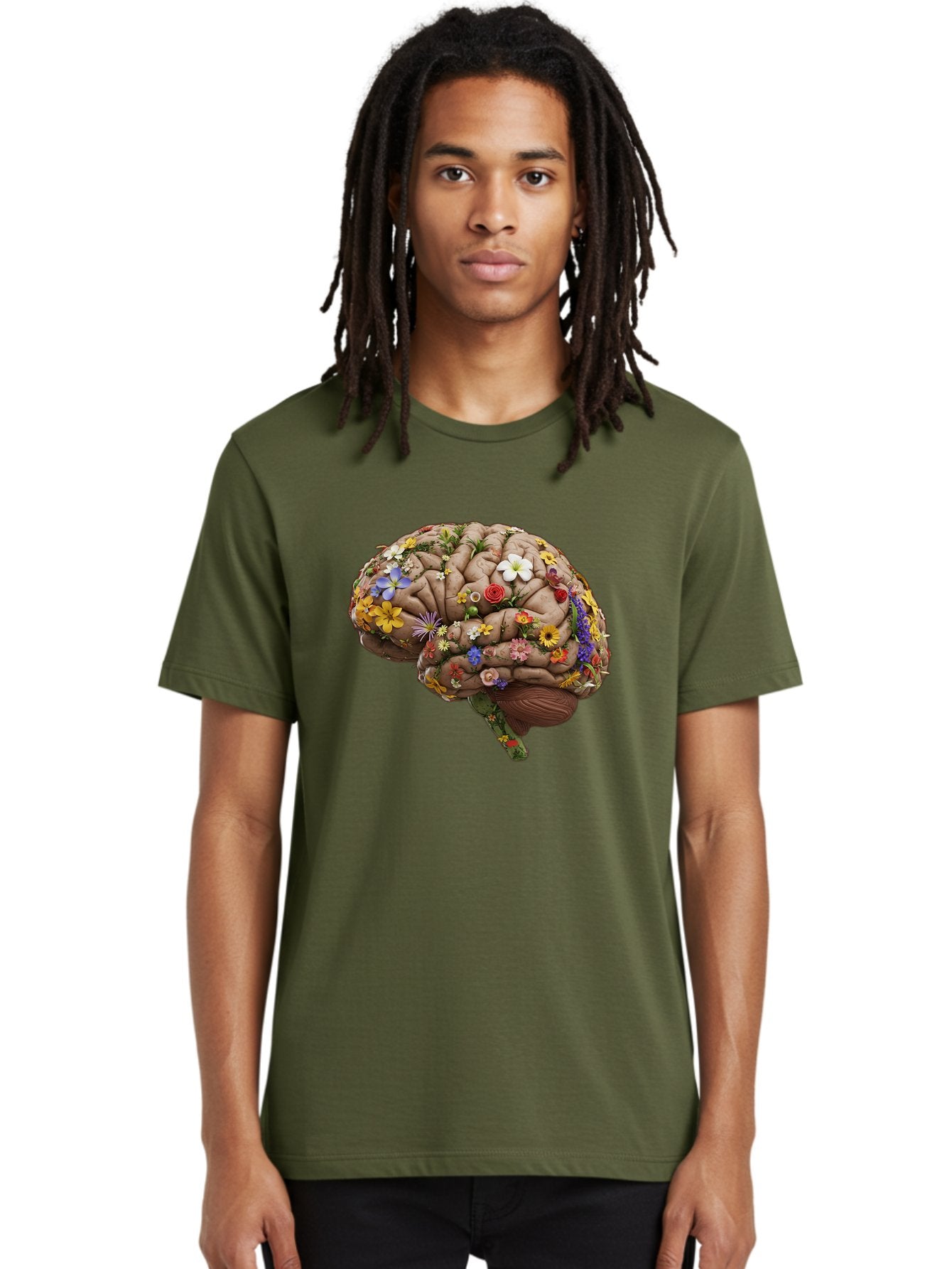 Brain-With-Flowers Men'S Graphic Tee, 100% Cotton, Comfortable Casual Summer Wear, Machine Washable, Human Brain, Flowers Blooming, Creative Thinking, Mental Health, Wellness, Vibrant Colors, Floral Arrangement, Positive Vibes, Brain Power, Bae007 16