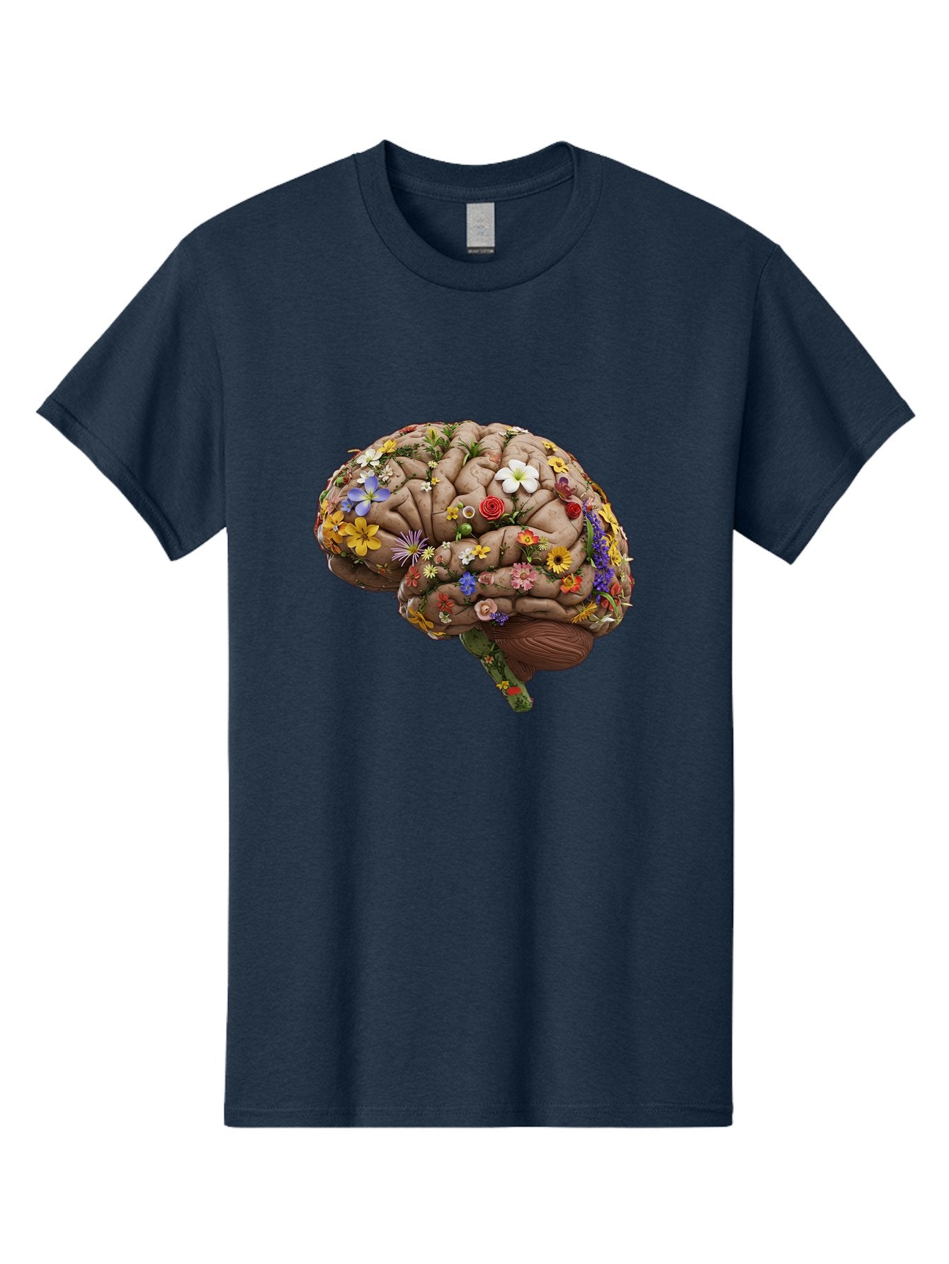 Brain-With-Flowers Men'S Graphic Tee, 100% Cotton, Comfortable Casual Summer Wear, Machine Washable, Human Brain, Flowers Blooming, Creative Thinking, Mental Health, Wellness, Vibrant Colors, Floral Arrangement, Positive Vibes, Brain Power, Bae007