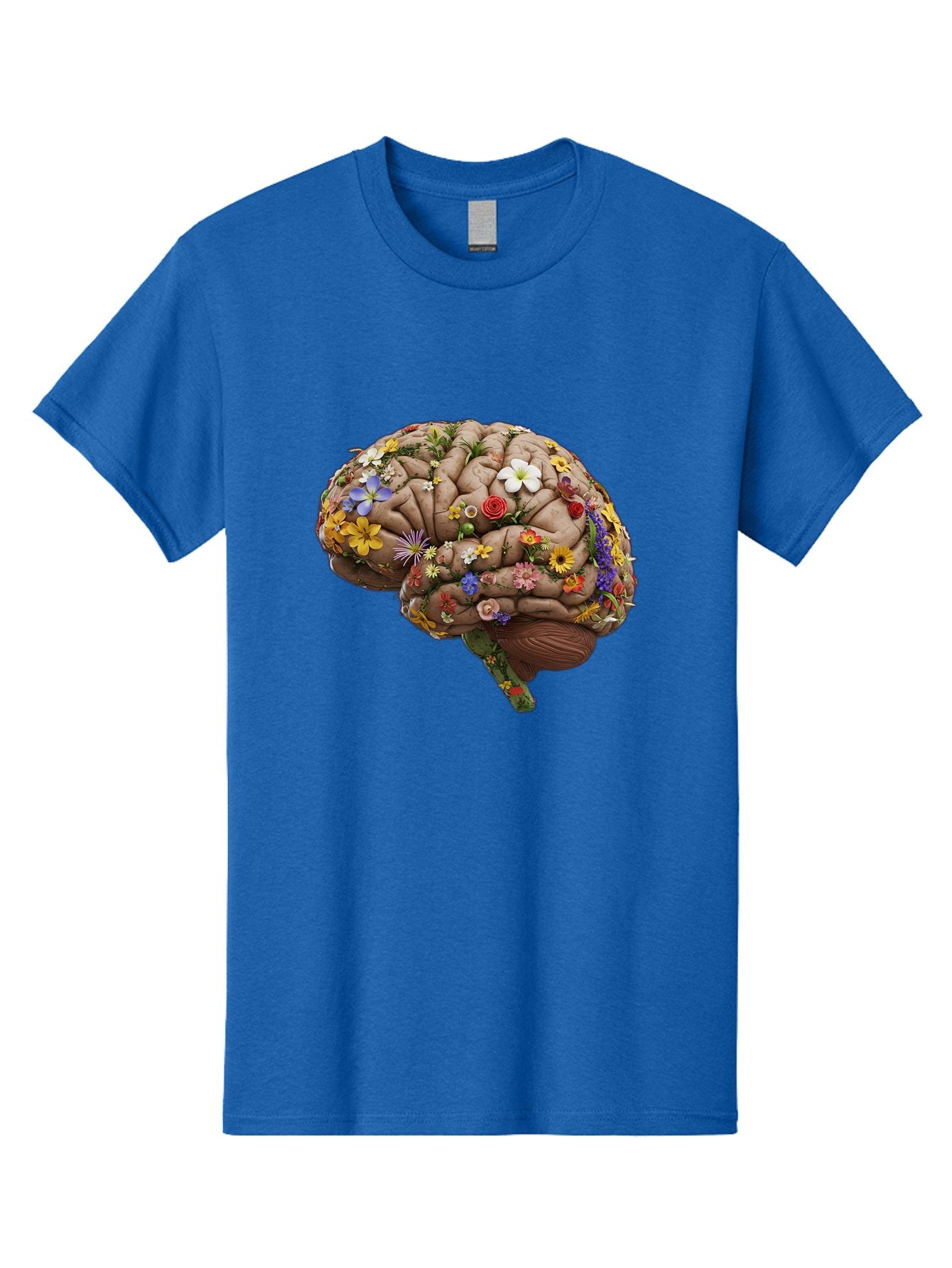 Brain-With-Flowers Men'S Graphic Tee, 100% Cotton, Comfortable Casual Summer Wear, Machine Washable, Human Brain, Flowers Blooming, Creative Thinking, Mental Health, Wellness, Vibrant Colors, Floral Arrangement, Positive Vibes, Brain Power, Bae007 10