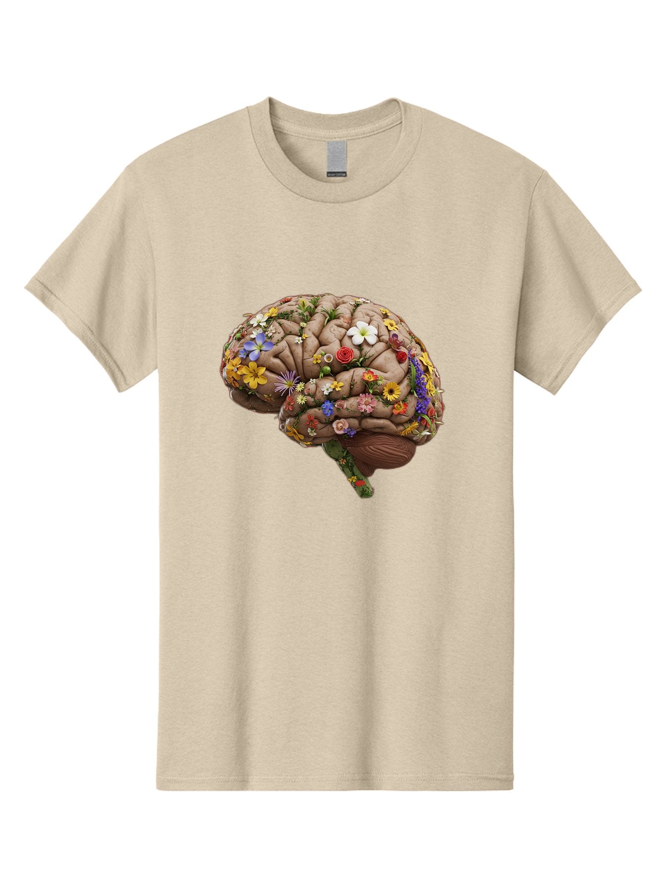Brain-With-Flowers Men'S Graphic Tee, 100% Cotton, Comfortable Casual Summer Wear, Machine Washable, Human Brain, Flowers Blooming, Creative Thinking, Mental Health, Wellness, Vibrant Colors, Floral Arrangement, Positive Vibes, Brain Power, Bae007 14