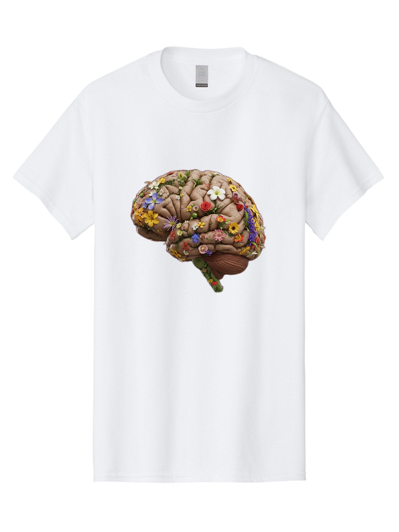 Brain-With-Flowers Men'S Graphic Tee, 100% Cotton, Comfortable Casual Summer Wear, Machine Washable, Human Brain, Flowers Blooming, Creative Thinking, Mental Health, Wellness, Vibrant Colors, Floral Arrangement, Positive Vibes, Brain Power, Bae007 3