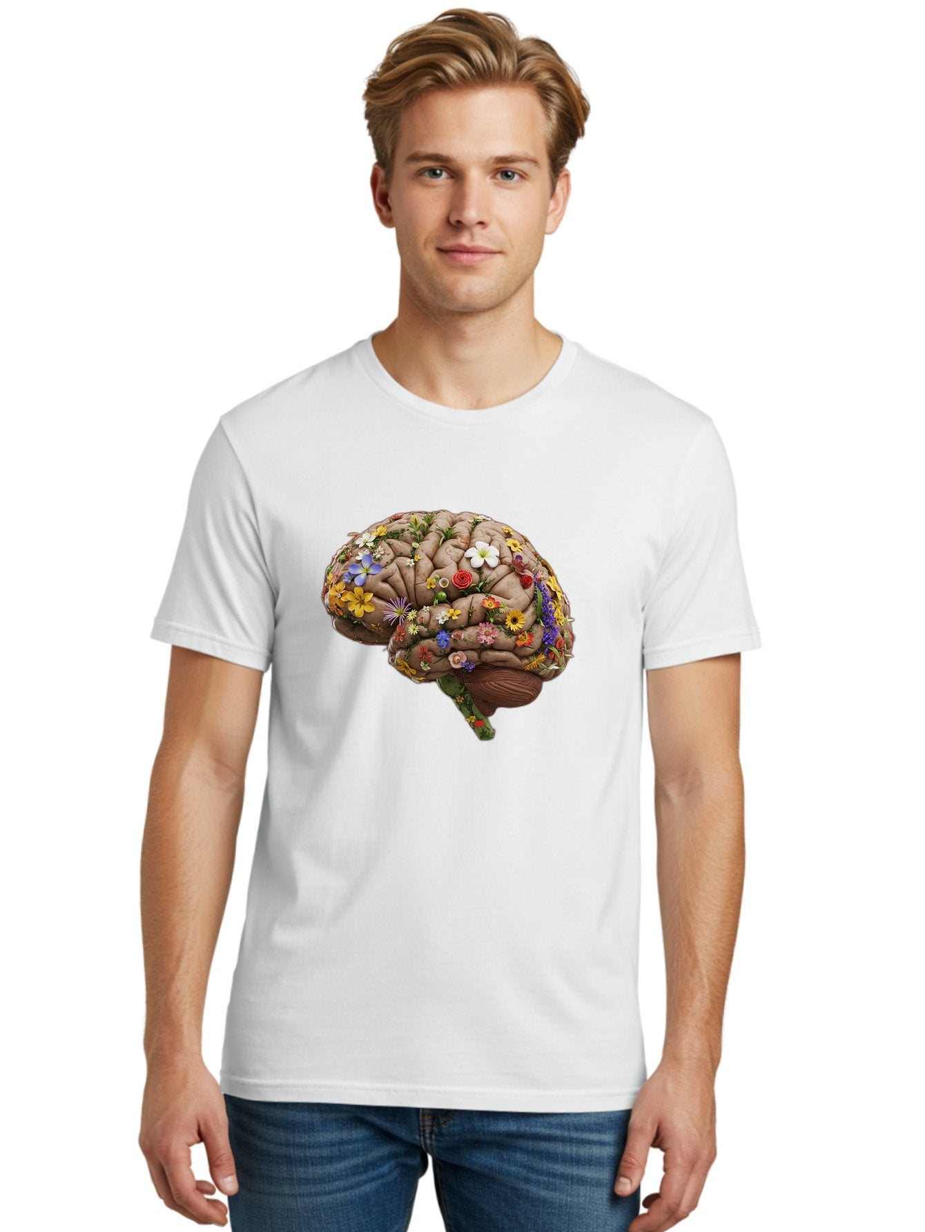 Brain-With-Flowers Men'S Graphic Tee, 100% Cotton, Comfortable Casual Summer Wear, Machine Washable, Human Brain, Flowers Blooming, Creative Thinking, Mental Health, Wellness, Vibrant Colors, Floral Arrangement, Positive Vibes, Brain Power, Bae007 22
