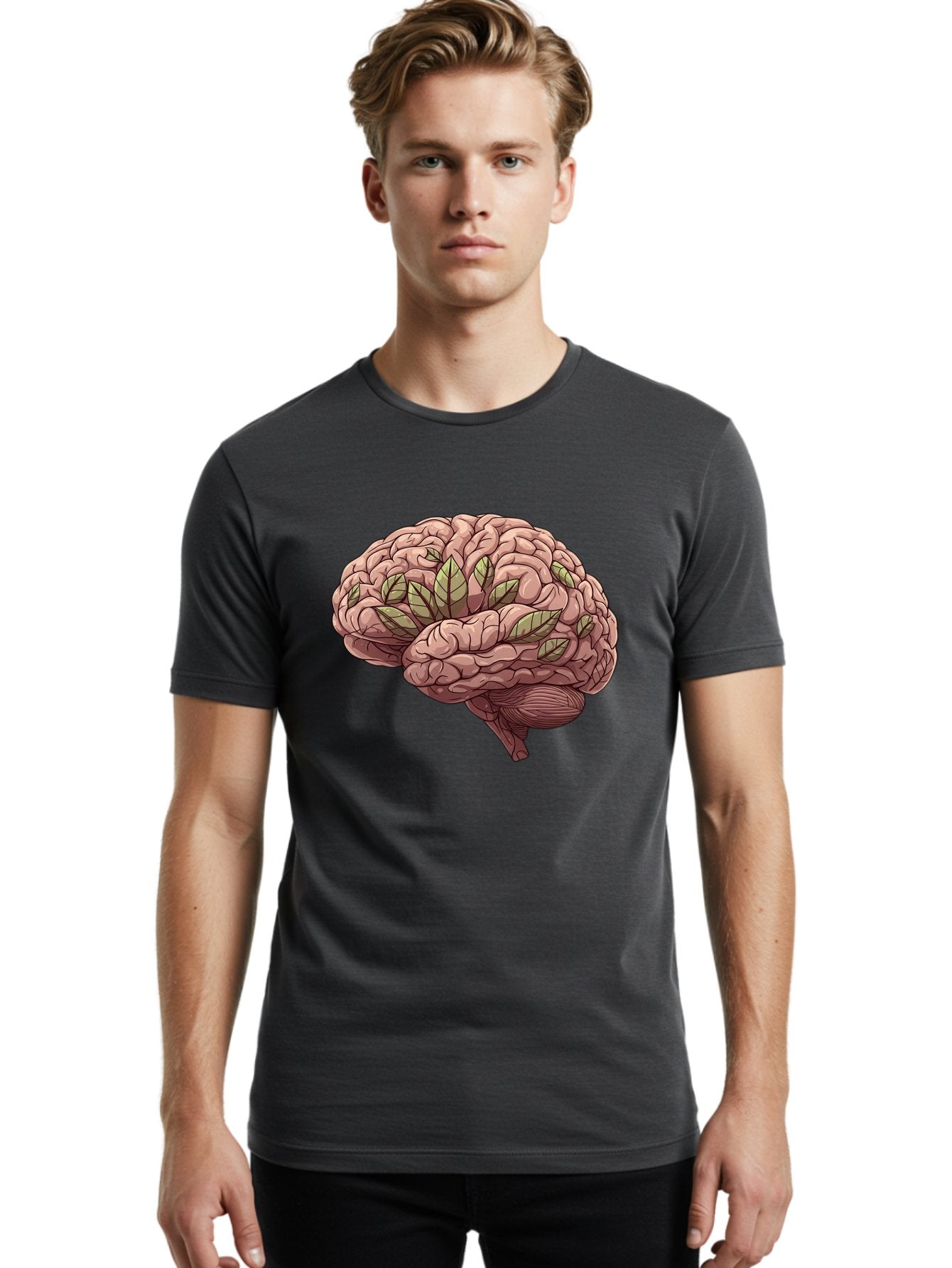 Brain-With-Marijuana-Leaves Men'S Graphic Tee, 100% Cotton, Comfortable Casual Summer Wear, Machine Washable, Human Brain, Leaves On Brain, Cognitive Function, Mental Wellness, Brain Health, Marijuana Effects, Cannabis And Brain Bae009 21