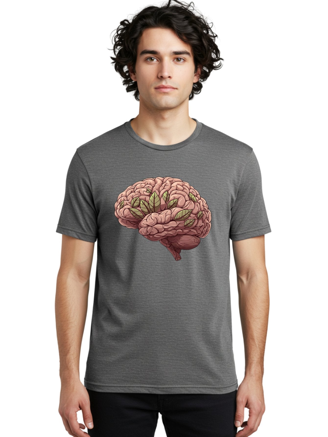 Brain-With-Marijuana-Leaves Men'S Graphic Tee, 100% Cotton, Comfortable Casual Summer Wear, Machine Washable, Human Brain, Leaves On Brain, Cognitive Function, Mental Wellness, Brain Health, Marijuana Effects, Cannabis And Brain Bae009 24