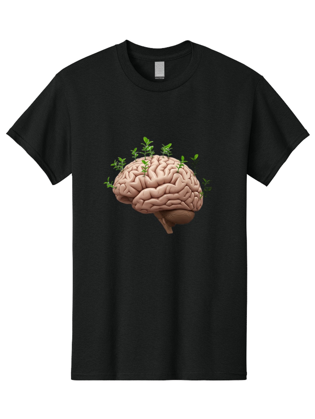 Brain-With-Sprouts Men'S Graphic Tee, 100% Cotton, Comfortable Casual Summer Wear, Machine Washable, Human Brain, Plants Growing Out, Creative Thinking, Neuroscience, Brain Function, Mental Growth, Green Shoots Bae010 15